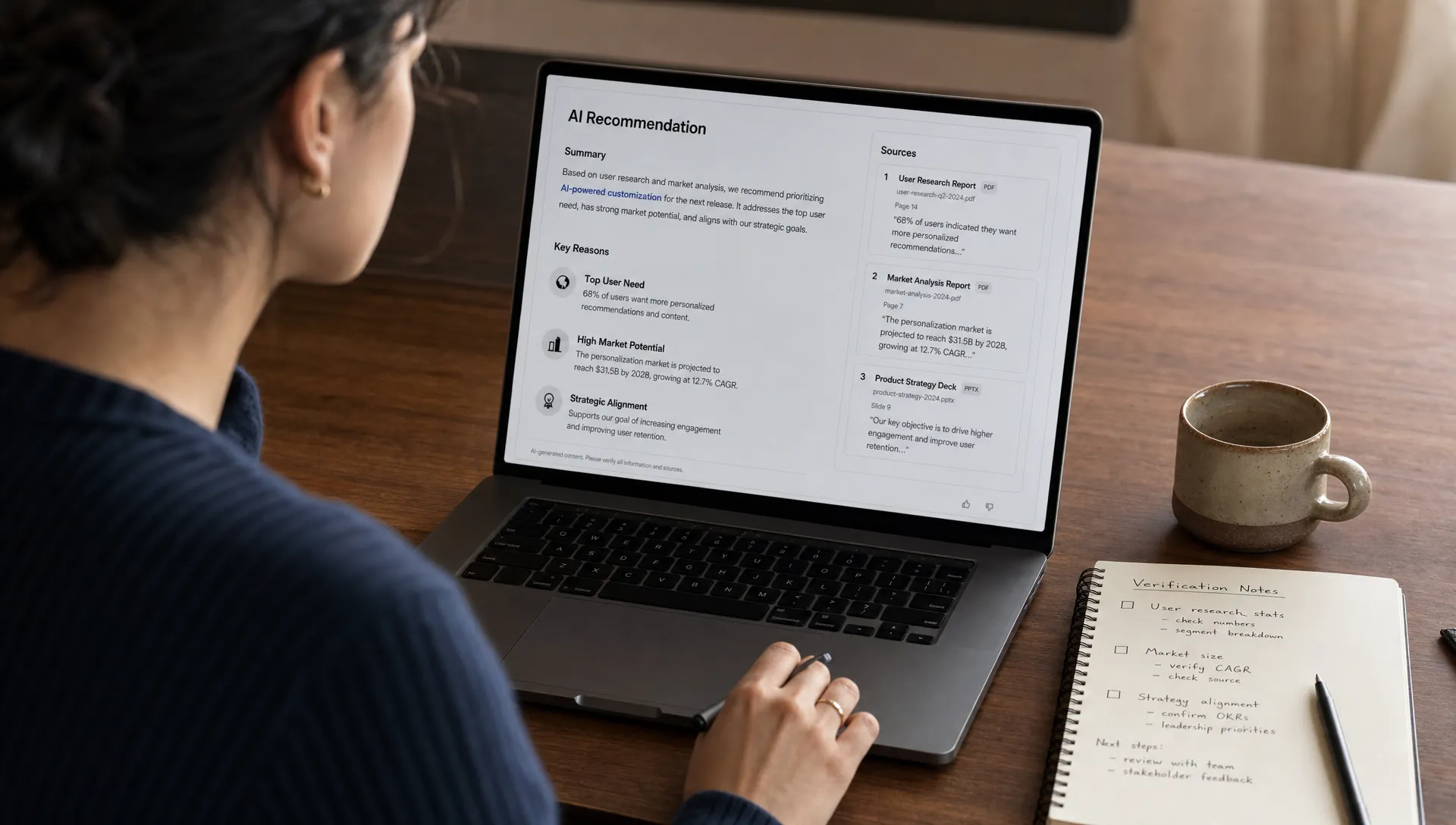 A product manager reviews an AI-generated recommendation on a laptop screen facing them and slightly angled toward the viewer, with highlighted source snippets shown beside key claims. A notebook with verification notes sits next to the laptop, and nothing is placed behind the laptop screen.