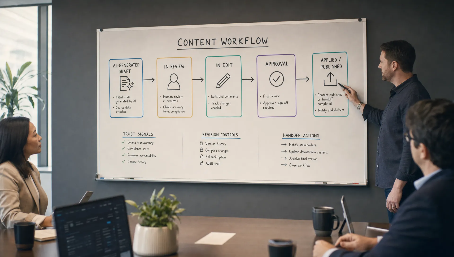 A workflow board in a conference room showing an AI-generated draft moving through review, edit, approval, and applied stages, with notes for trust signals, revision controls, and handoff actions.