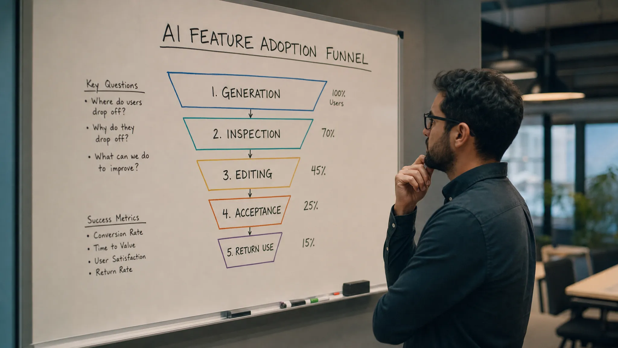 A product manager studies an AI feature adoption funnel on a whiteboard, with generation, inspection, editing, acceptance, and return use laid out as separate steps.