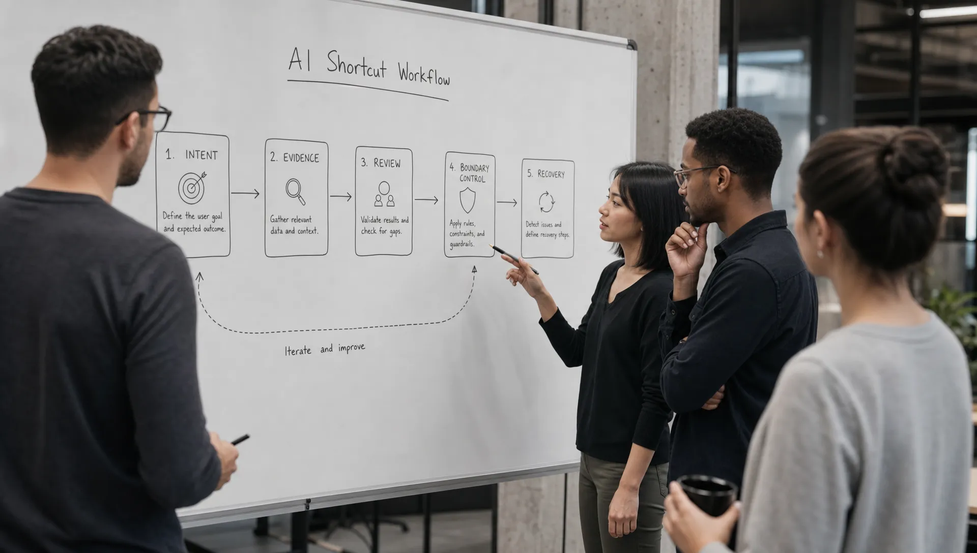 A product team studies a whiteboard workflow for an AI shortcut, with steps for intent, evidence, review, boundary control, and recovery.