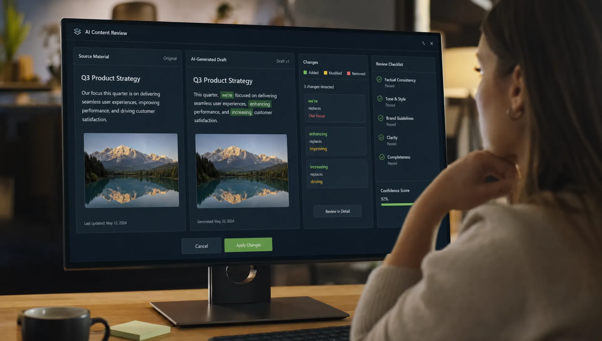 A review screen showing an AI-generated draft beside source material, highlighted changes, status checks, and a clear apply button, with a product manager comparing the output before committing it.