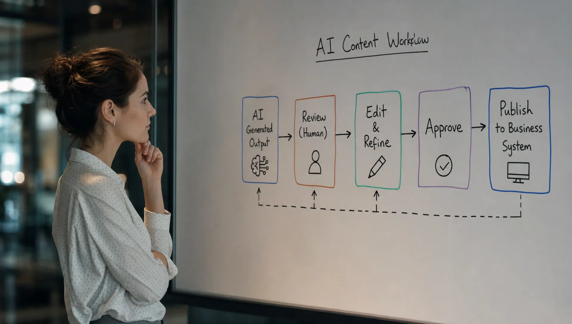 A product manager studies a whiteboard workflow map showing an AI-generated output moving through review, editing, approval, and final use in a business system.
