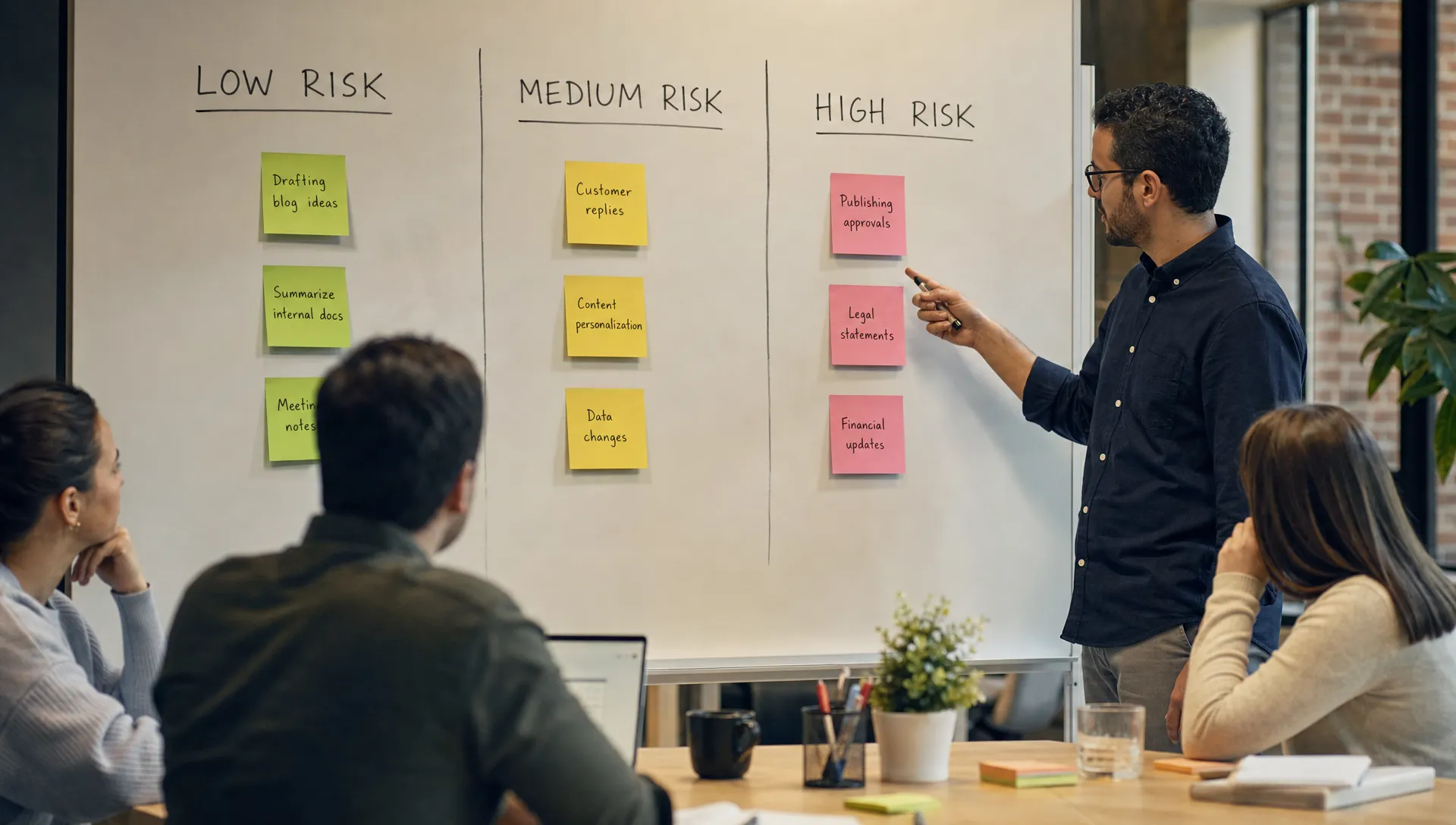 A product team maps AI tasks on a whiteboard into low, medium and high risk columns, with sticky notes for drafting, customer replies, data changes and publishing approvals.