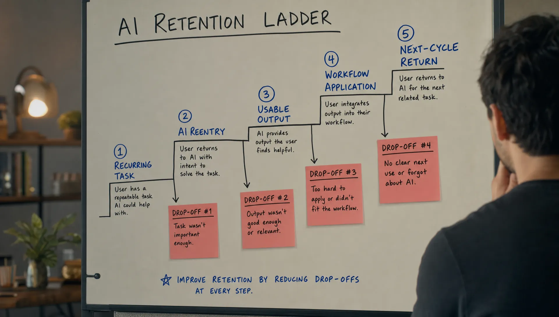 A whiteboard showing an AI retention ladder with five stages: recurring task, AI reentry, usable output, workflow application, and next-cycle return, with sticky notes marking where users drop off between stages.