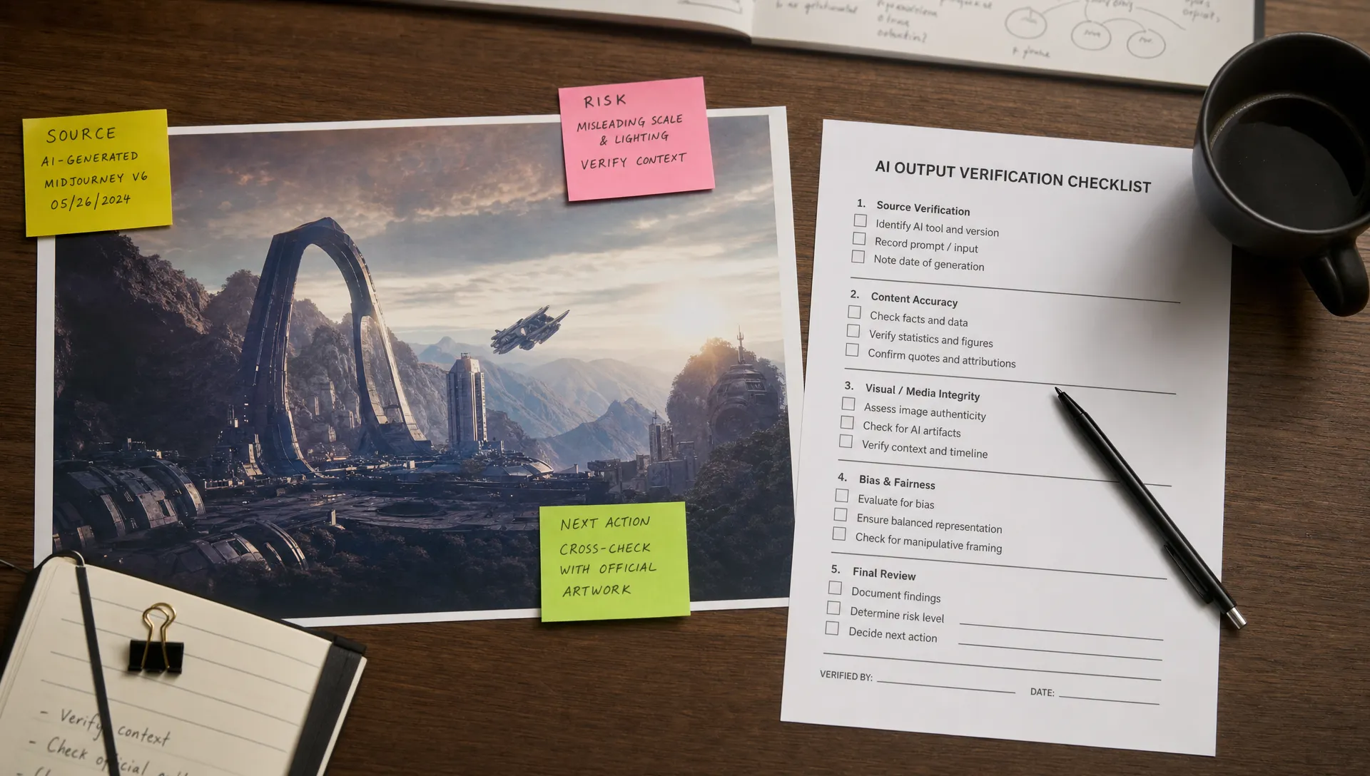 A top-down desk scene with printed AI-generated work, sticky notes marking source, risk, and next action, and a simple verification checklist beside the output.