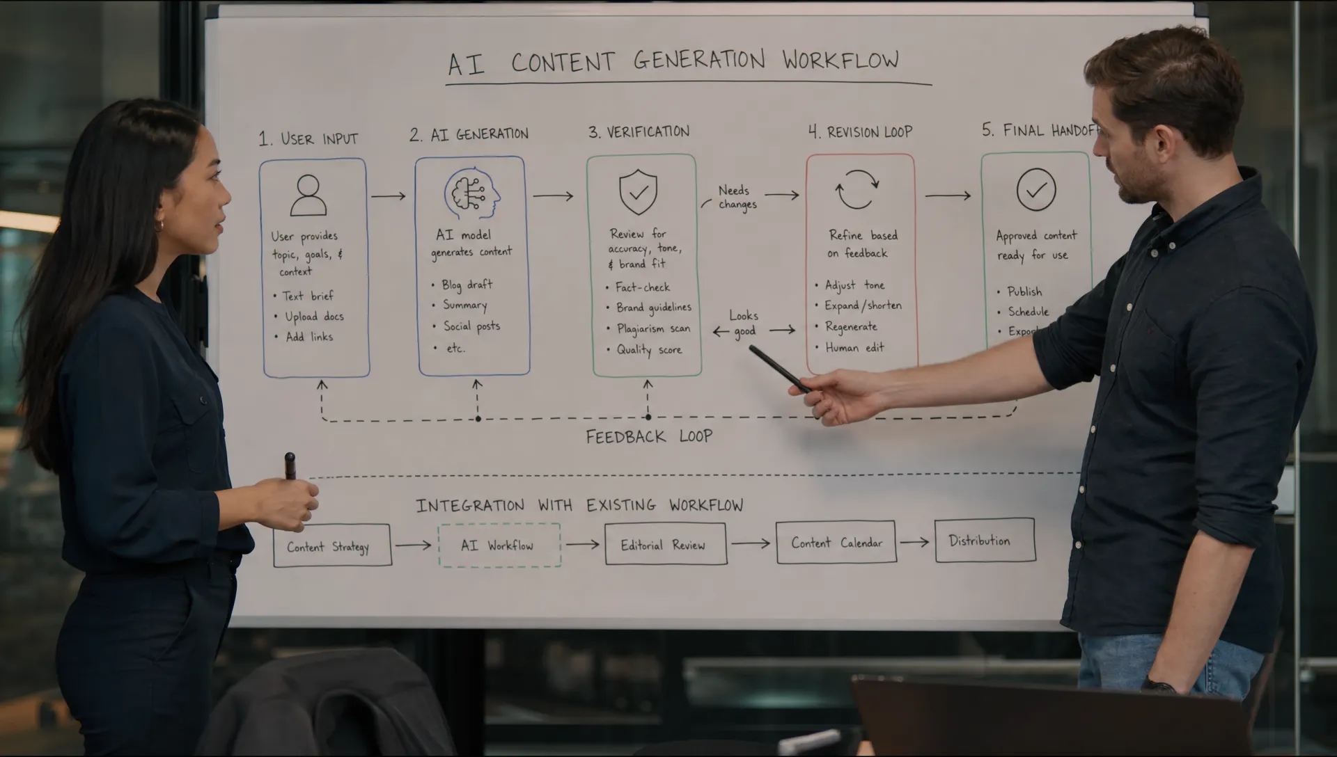 Two product people standing beside a whiteboard in a conference room, reviewing an AI workflow map with user input, generated output, verification steps, revision loops, and final handoff into an existing product workflow.