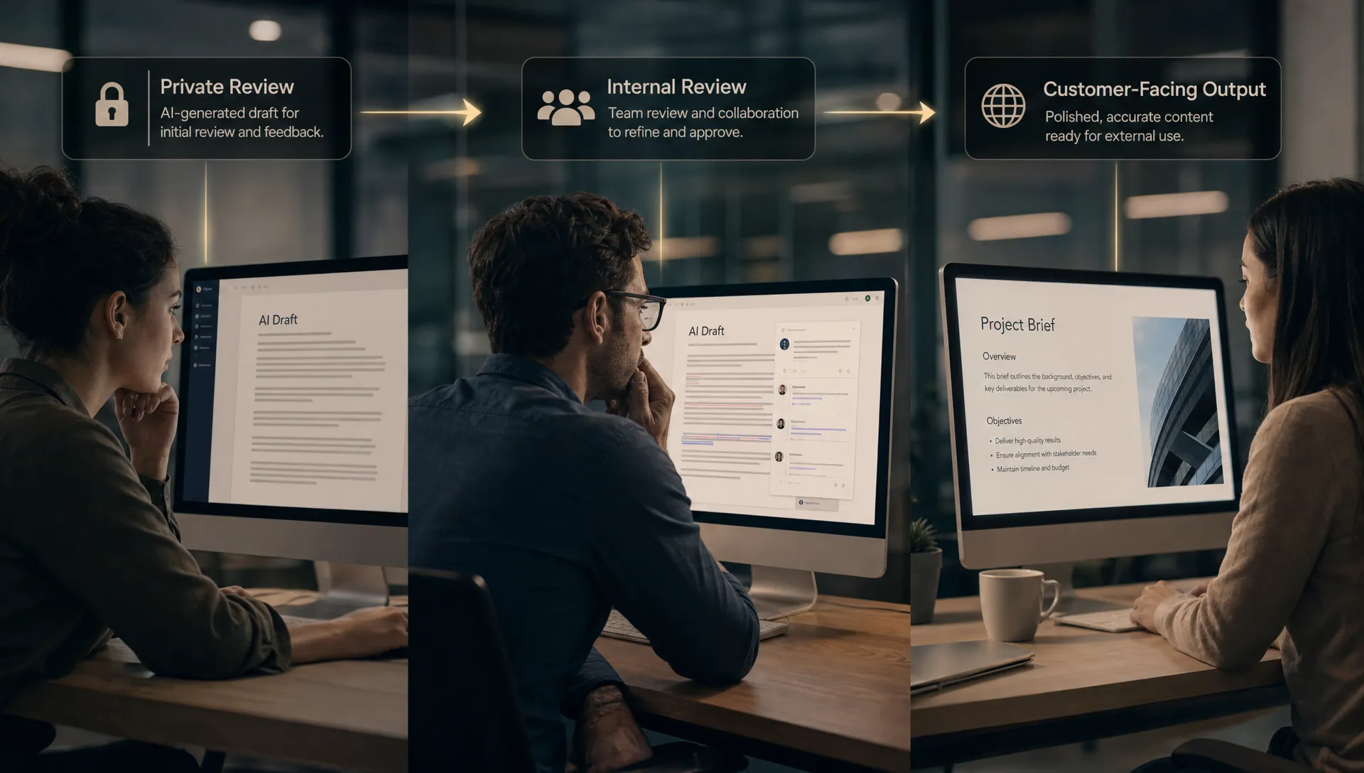 A workflow showing an AI draft moving from private review to internal review to customer-facing output.