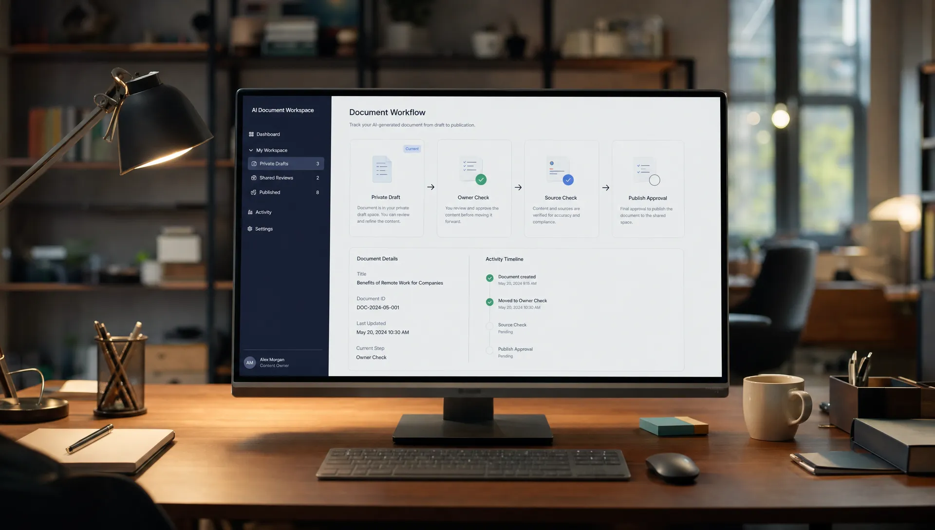 A desk with private draft and shared review areas shows an AI-generated document moving through owner check, source check, and publish approval steps.