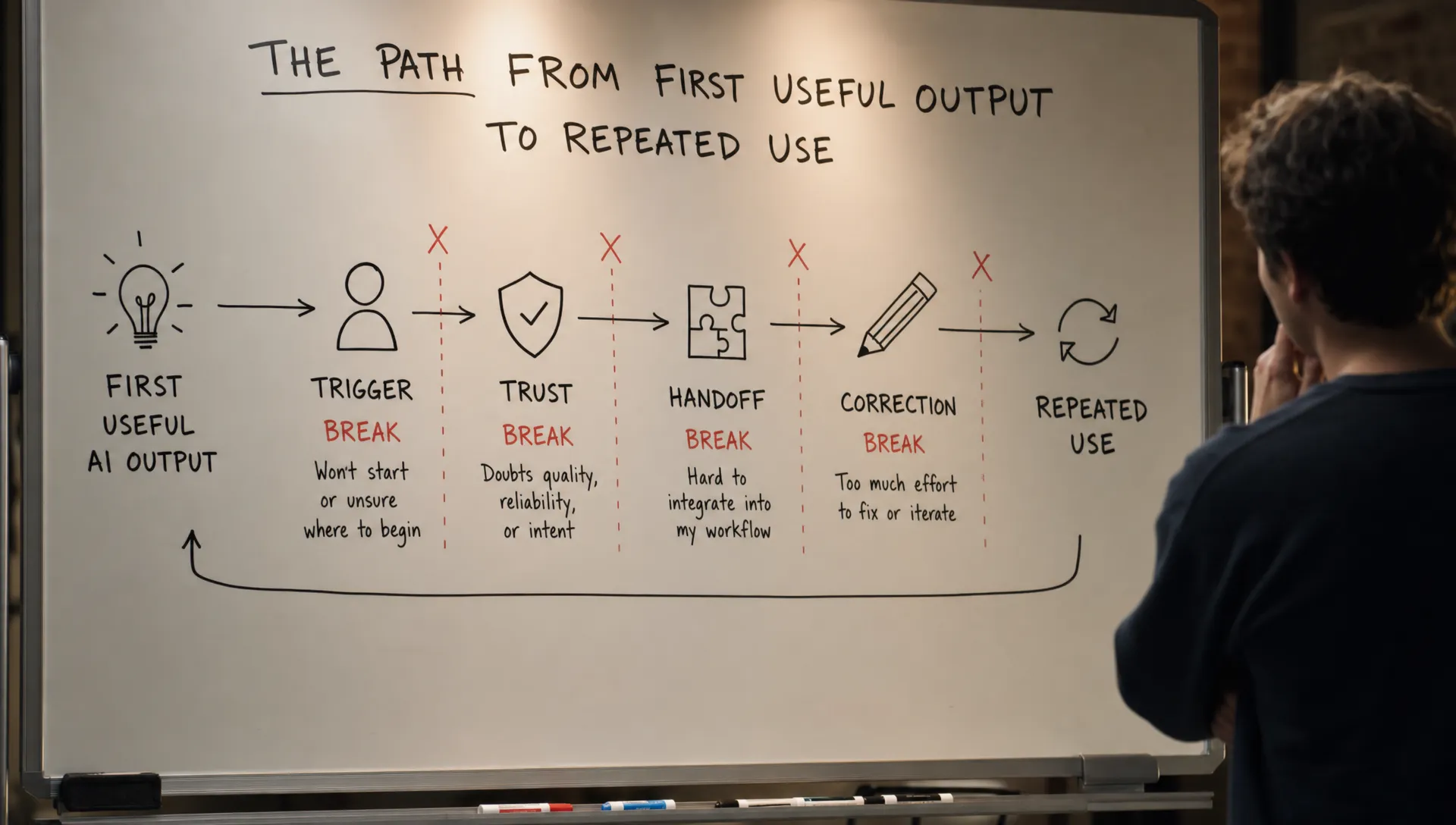 A workflow board shows the path from first useful AI output to repeated use, with breaks marked at trigger, trust, handoff, and correction.