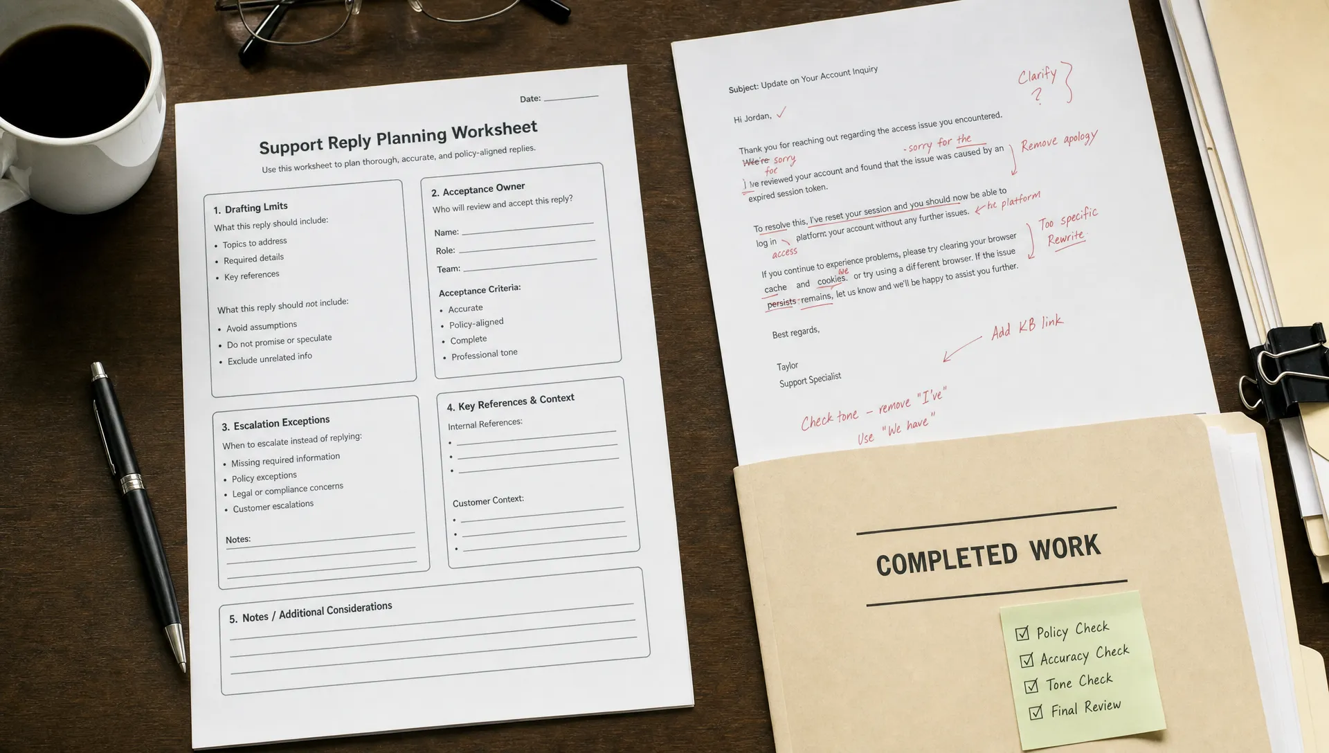 An overhead view of a planning worksheet beside a marked-up support reply and a folder of completed work, with fields for drafting limits, an acceptance owner, and escalation exceptions.