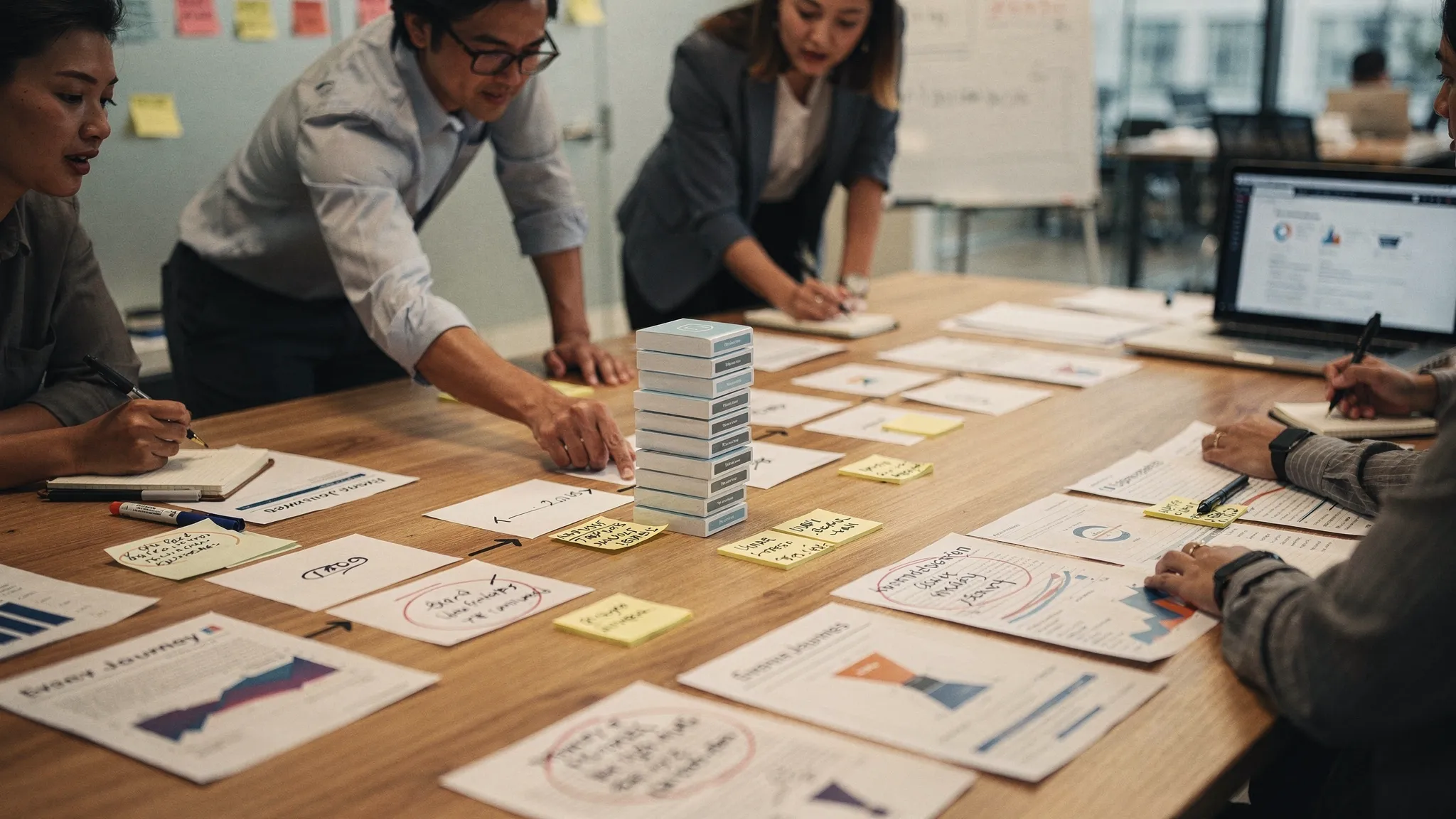 A small product team gathered around a table with printed user journey steps, event data, and example AI outputs arranged by where users stopped in the flow.