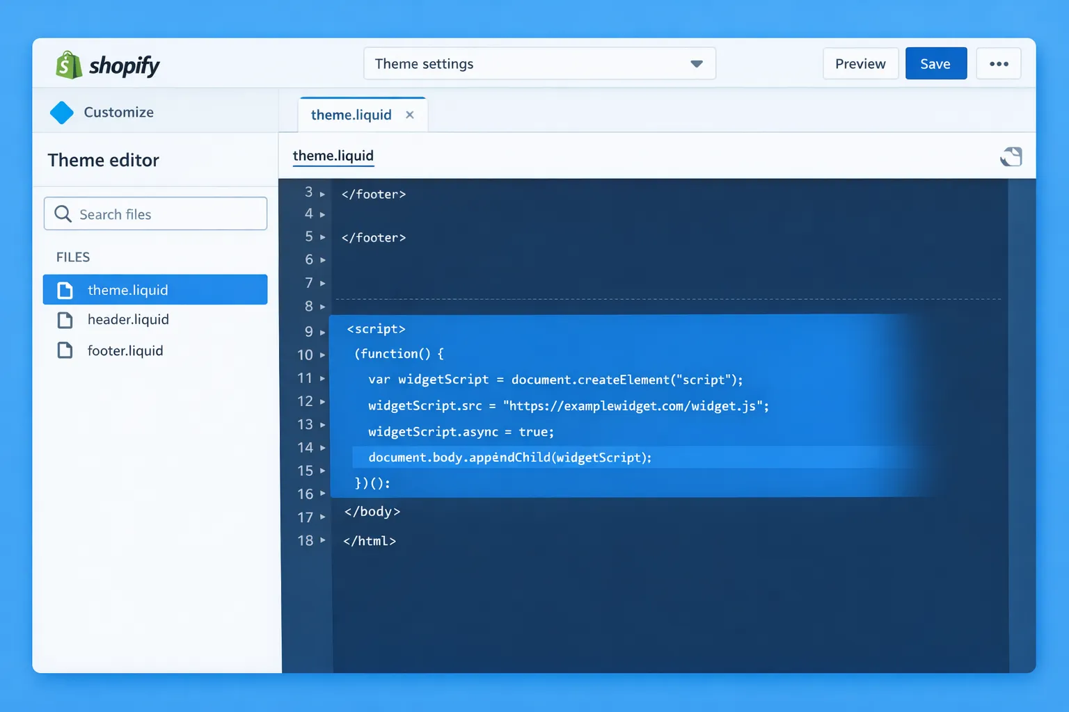 Shopify theme editor showing theme.liquid open, with a highlighted area right above the closing </body> tag where a widget script snippet is pasted.