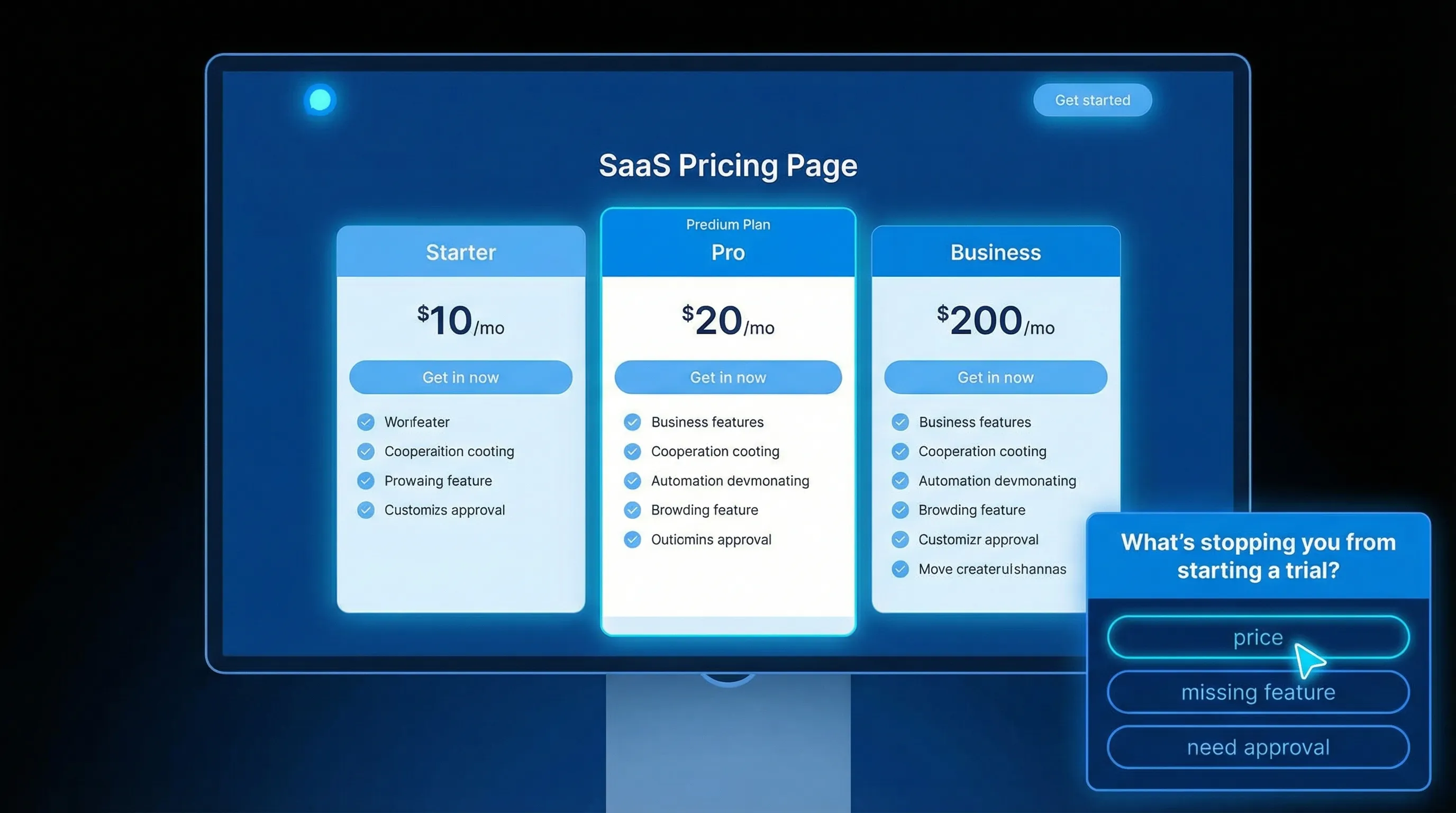 A SaaS pricing page mock with a small feedback widget prompt asking “What’s stopping you from starting a trial?” and answer options like price, missing feature, and need approval.