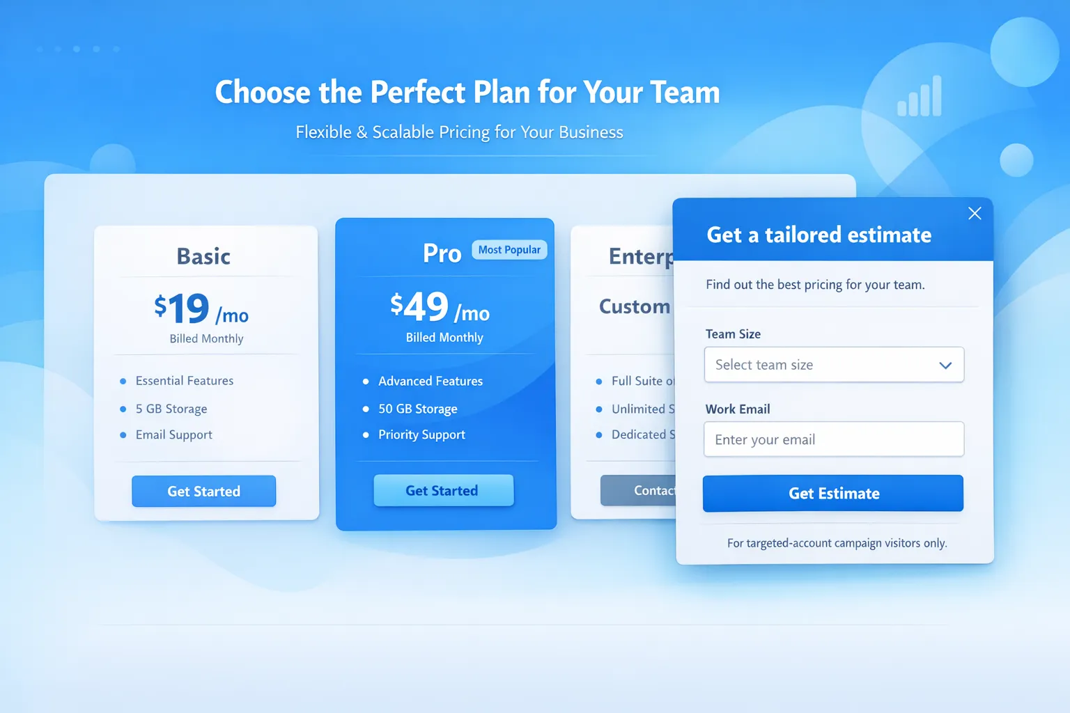 A SaaS pricing page mockup with a subtle slide-in popup offering “Get a tailored estimate” with two fields (team size, work email), and a note about showing only for target-account campaign traffic.