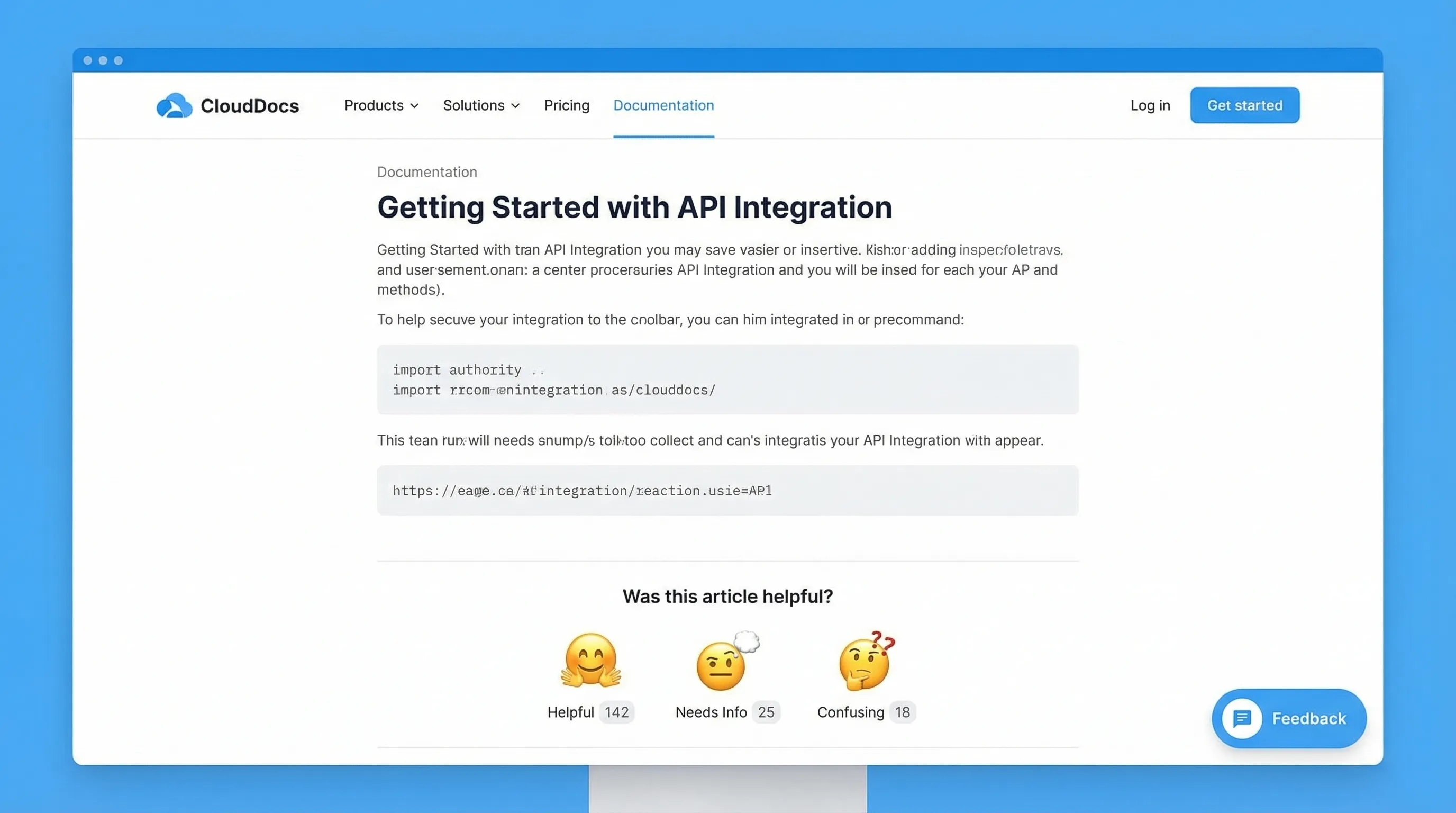 A SaaS website page showing a floating “Feedback” button in the bottom-right corner, and a simple emoji reaction row under a documentation article section with labels like “Helpful” and “Confusing.”