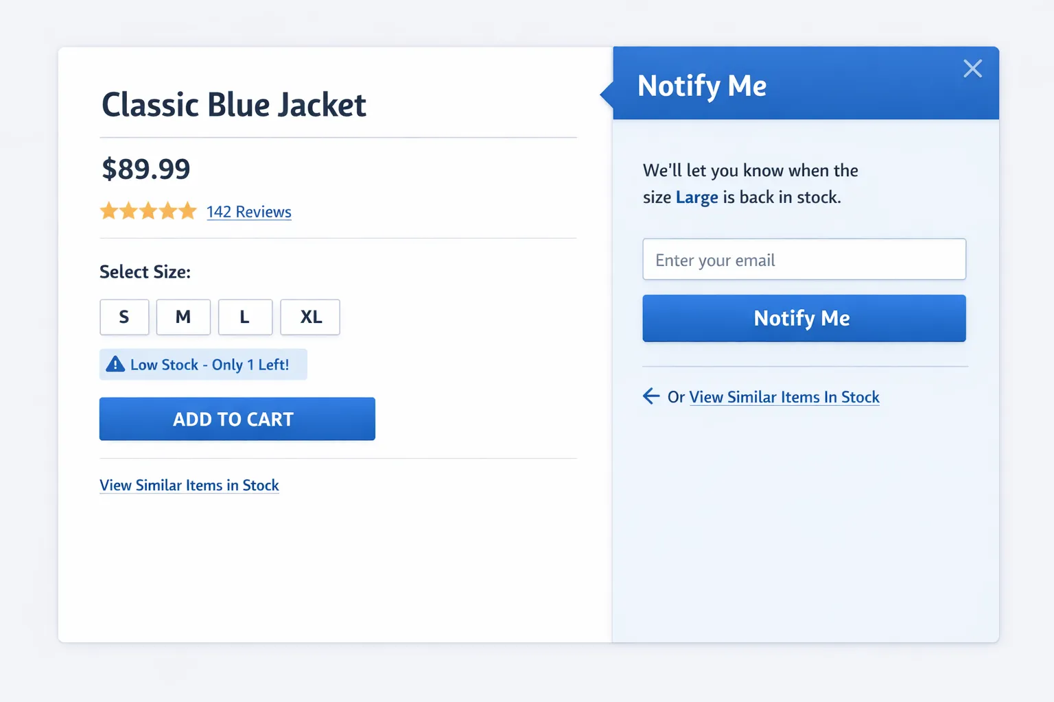 Mockup of a product page showing a subtle low stock badge near the size selector, a slide-in panel offering a one-field back-in-stock form for the selected size, and a link to similar items in stock.
