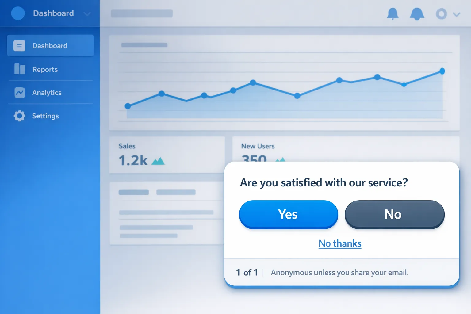 A clean bottom-right slide-in feedback widget on a SaaS dashboard. It shows one concise question with two large pill buttons, a visible “No thanks” link, a 1 of 1 step indicator, and a small privacy note stating “Anonymous unless you share your email.” The widget uses high-contrast text, thumb-friendly targets, and fits comfortably above the mobile keyboard.