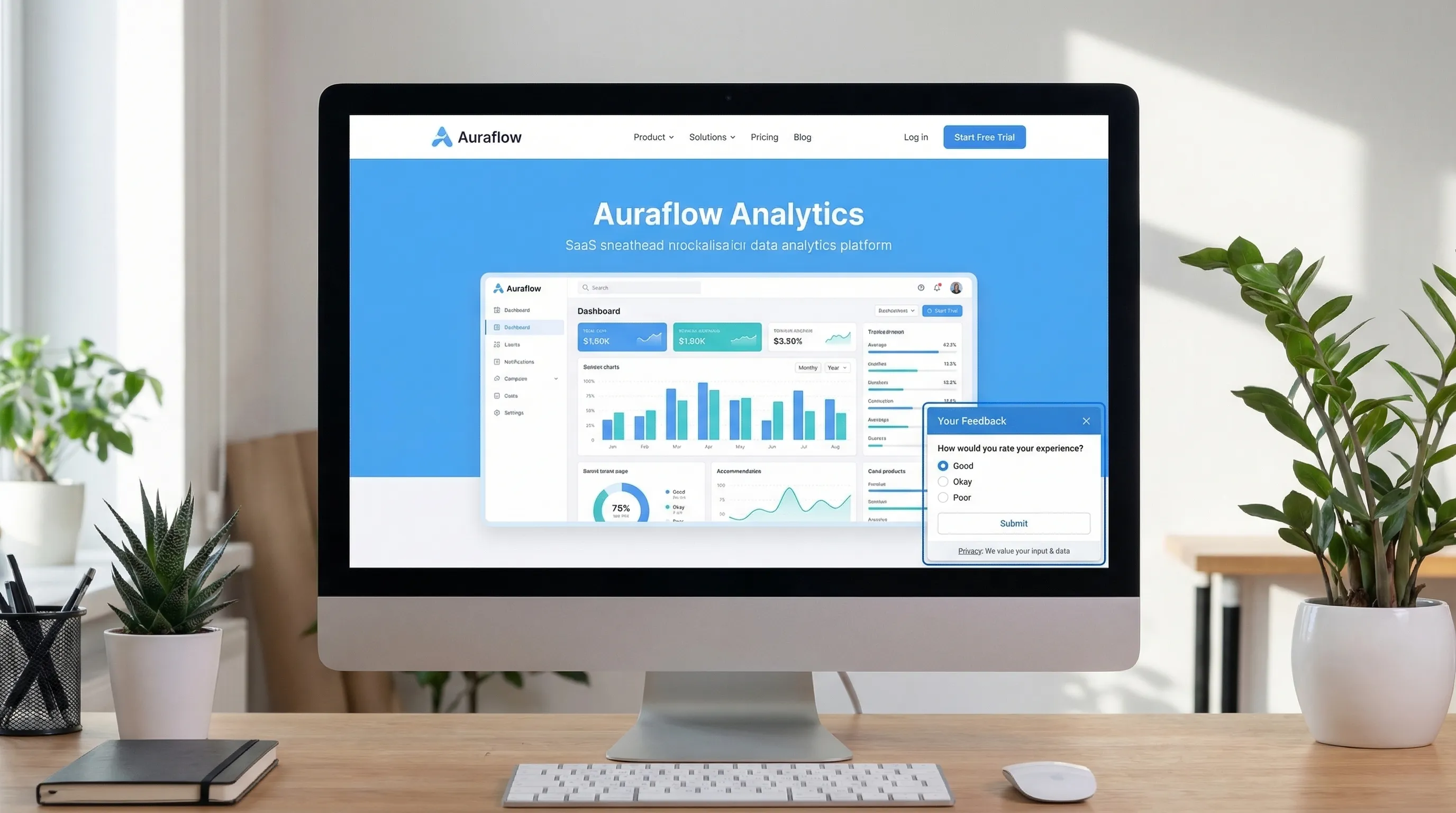 A SaaS product page with a small, unobtrusive feedback widget in the bottom corner asking a single multiple-choice question, with a clear close button and a short privacy note.