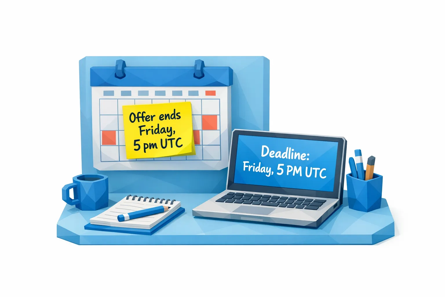 A wall calendar with a bright sticky note reading “Offer ends Friday, 5 pm UTC,” a laptop and notepad nearby, illustrating a clear, specific deadline that signals urgency without hype. No screens are facing away from the viewer, and no content appears behind any laptop screen.