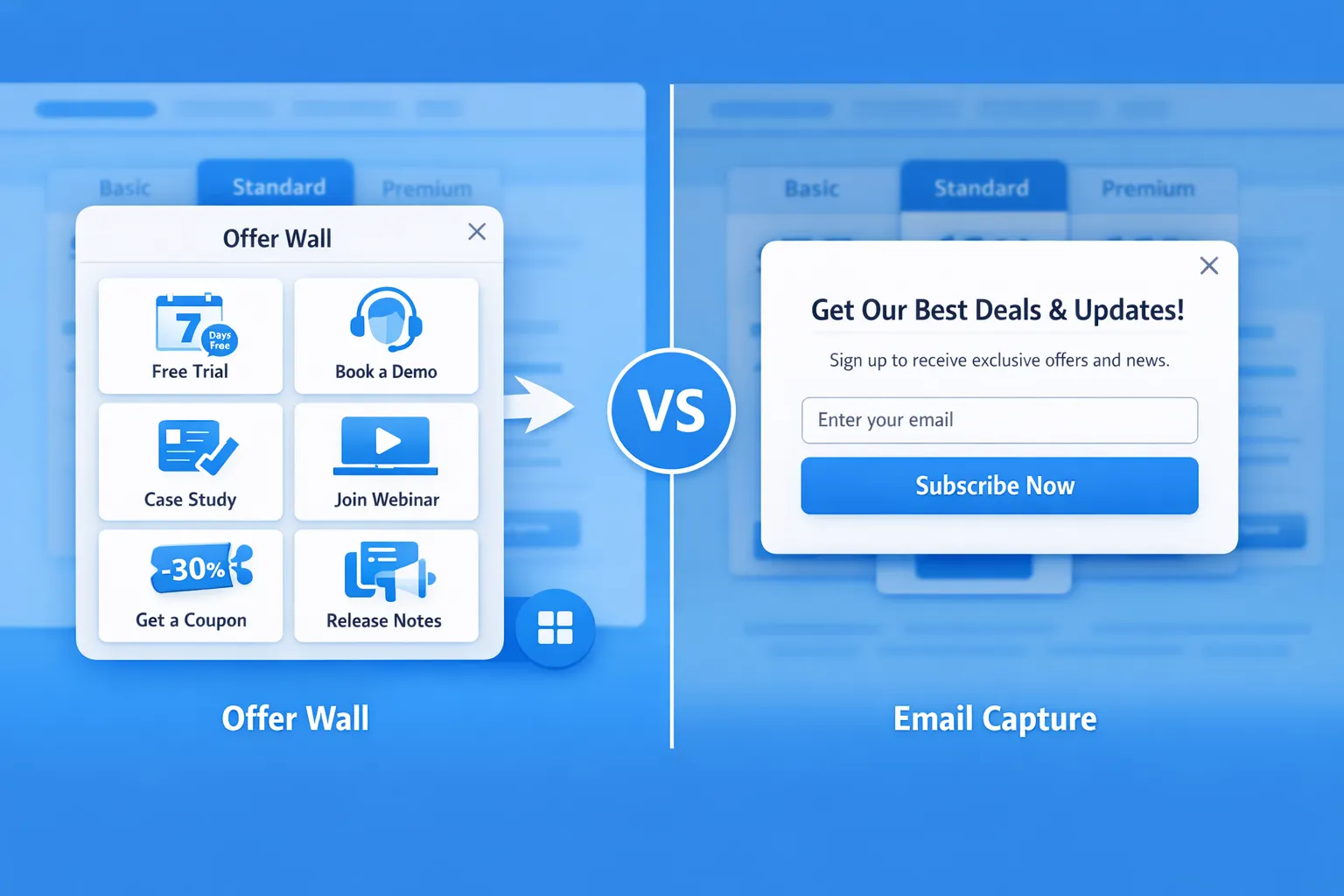 Side-by-side mockup comparing a tile-based offer wall opened from a floating action button on the right, versus a focused email capture popup on a pricing page. The offer wall shows 6 cards: free trial, demo, case study, webinar, coupon, release notes. The popup shows a headline, 1 input, and primary CTA with a small close icon.