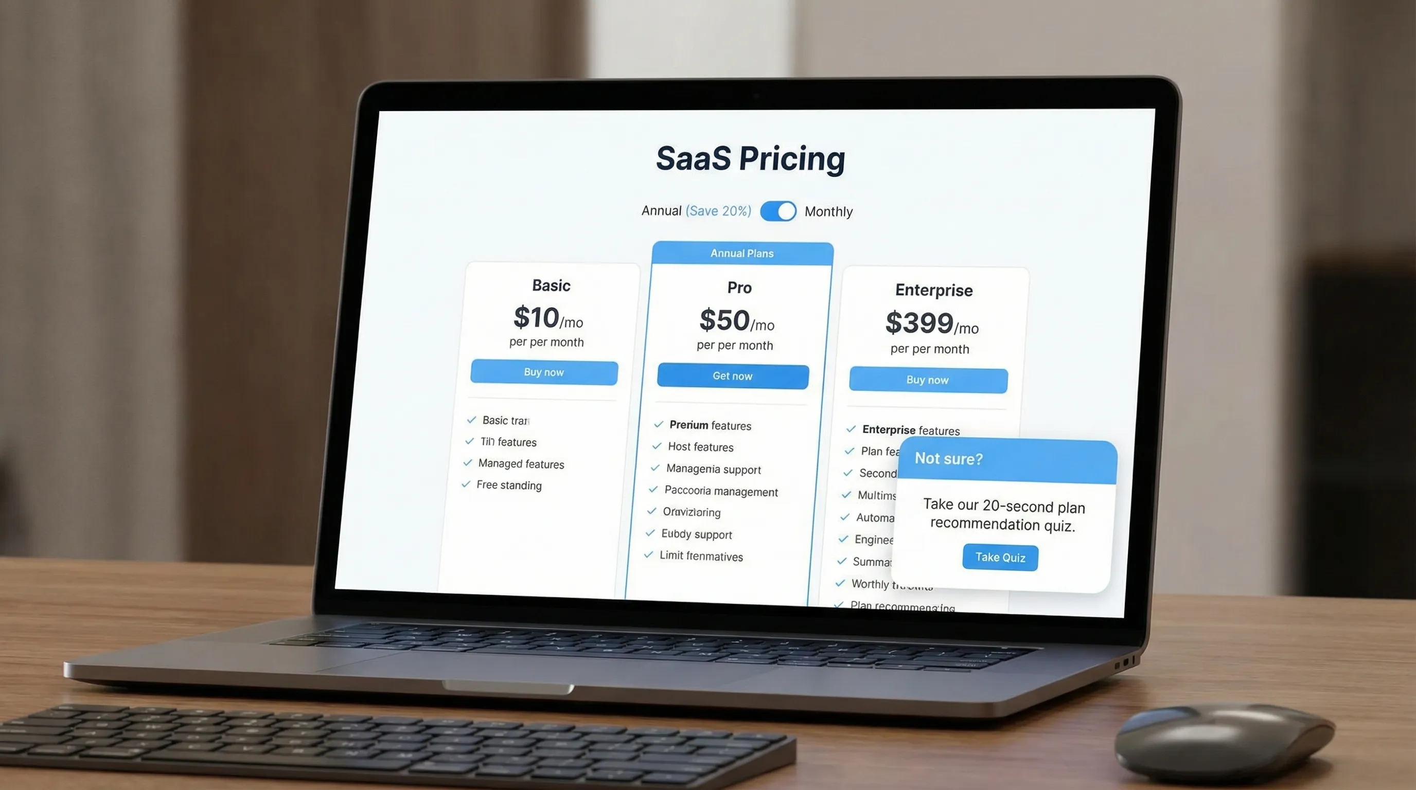A realistic SaaS pricing page scene with a small, unobtrusive popup in the corner offering a “20-second plan recommendation quiz”, while the main page shows plan tiers and an annual toggle. The popup looks integrated and not intrusive.