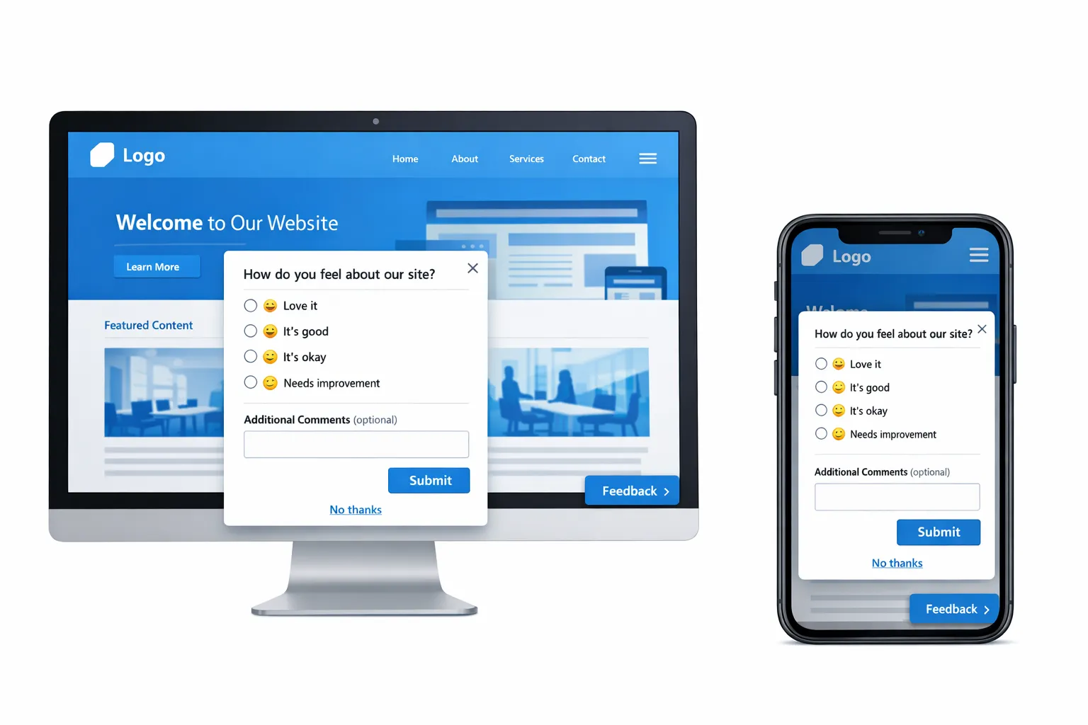 A desktop and mobile website mockup showing a small “Feedback” floating button in the lower right. When tapped, a compact modal opens with a single multiple‑choice question and an optional text field. The design is clean, high-contrast, and accessible, with a clear “No thanks” link.