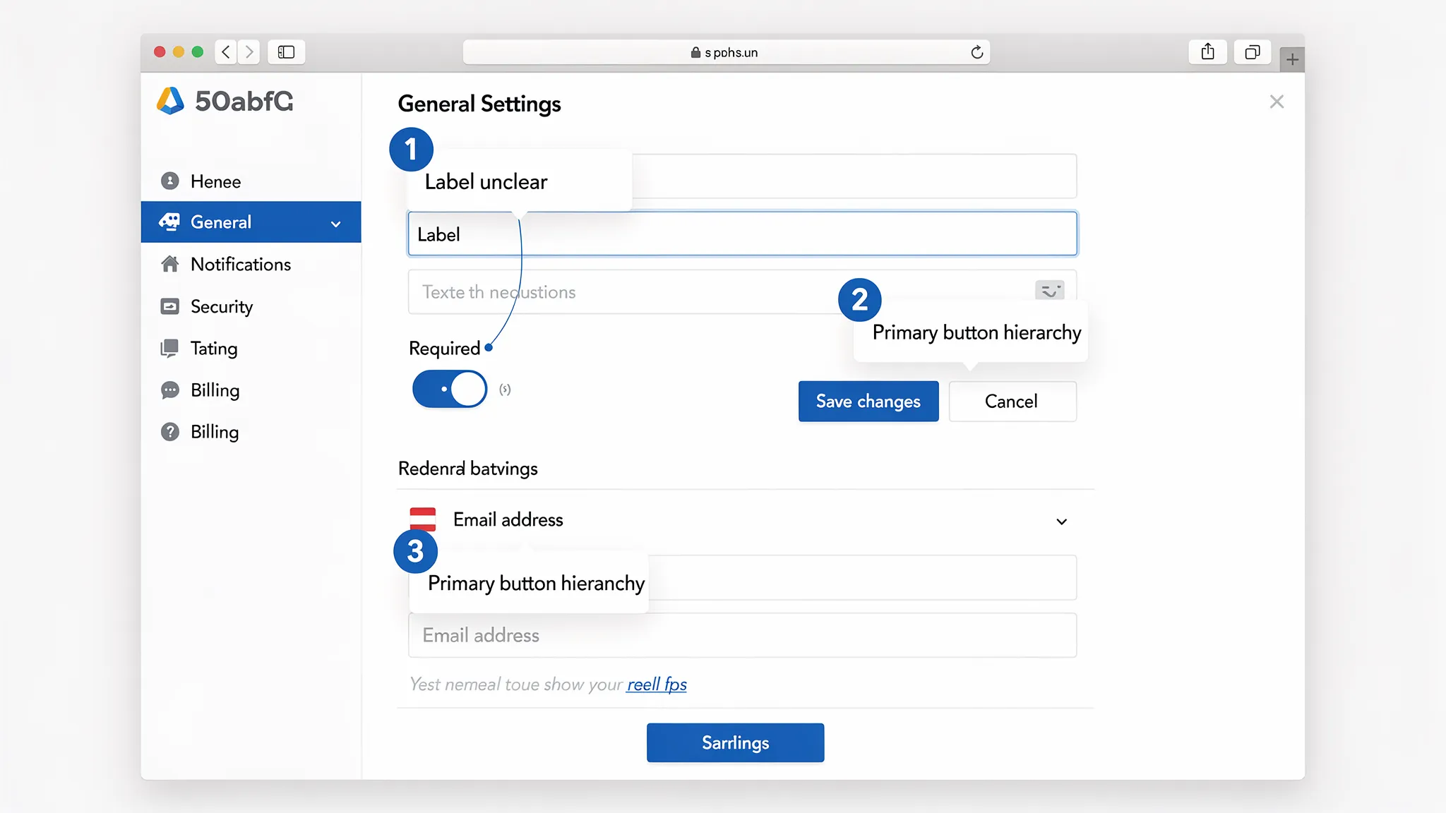 A web app settings page screenshot with three numbered pins pointing to UI elements. Each pin has a short note like “Label unclear,” “Primary button hierarchy,” and “Error state missing,” showing how annotations remove ambiguity.