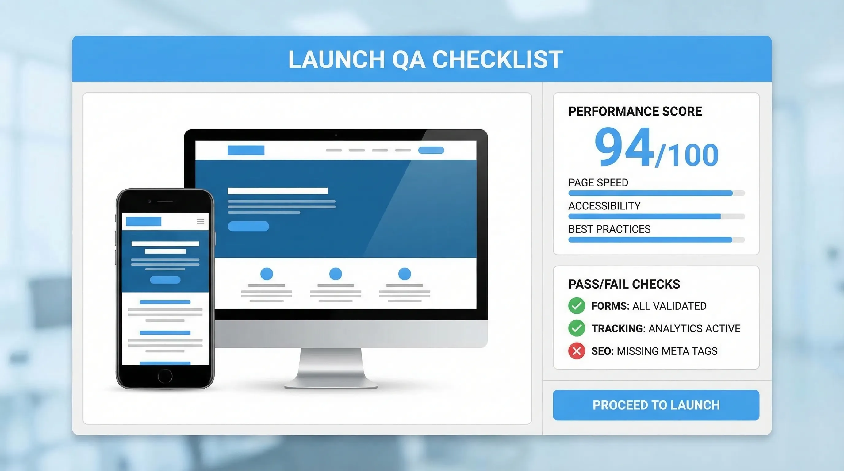 A launch QA checklist view showing mobile and desktop previews, a performance score panel, and a list of pass/fail checks for forms, tracking, and SEO.