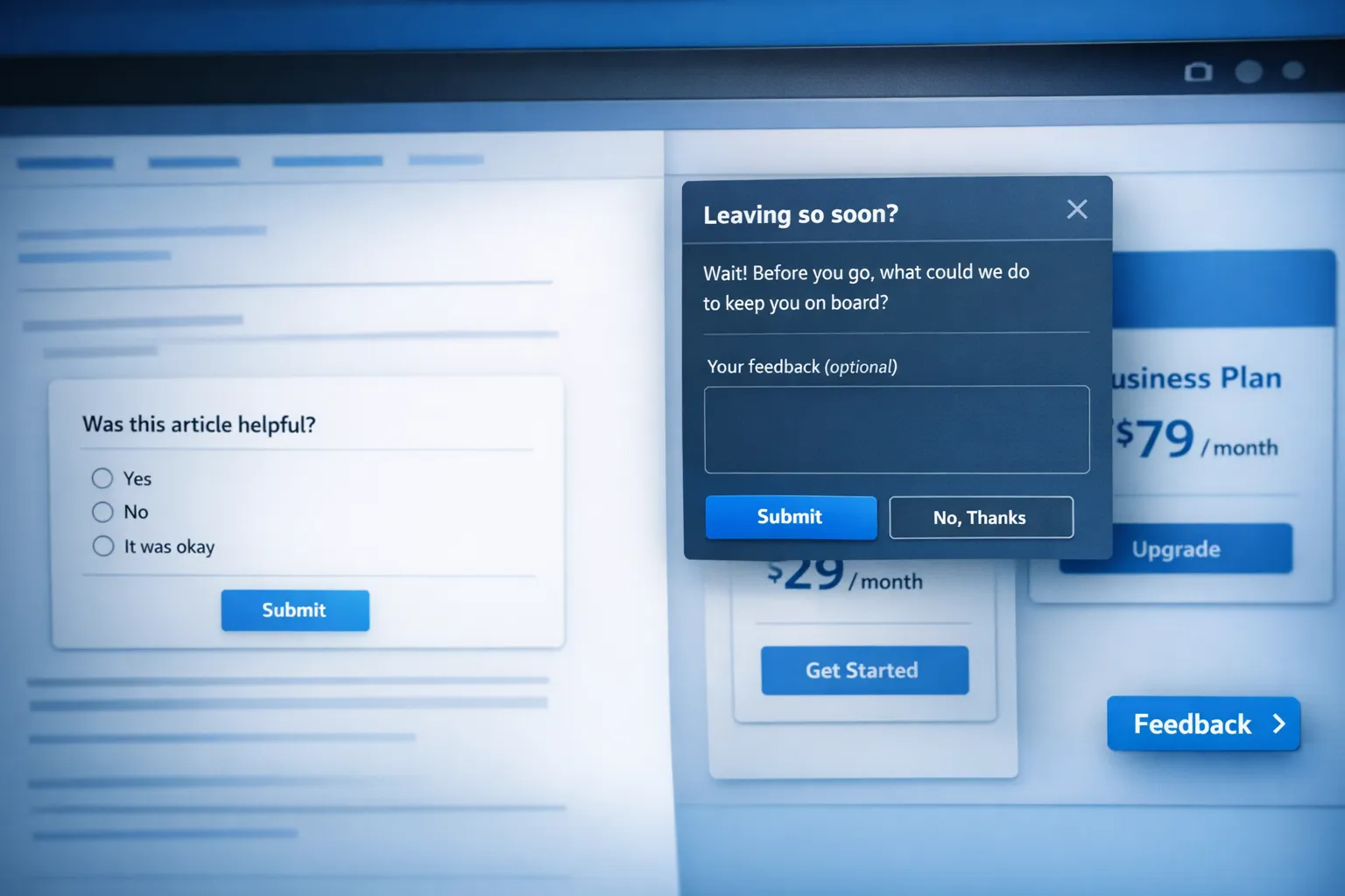 A clean SaaS web app screen showing a bottom right “Feedback” floating button, a subtle inline one question poll in a documentation page, and an exit intent prompt on a pricing page that appears only when the user moves toward the browser chrome. The overlays are compact, with a primary question and an optional comment field, and the main CTAs remain visible and clickable.