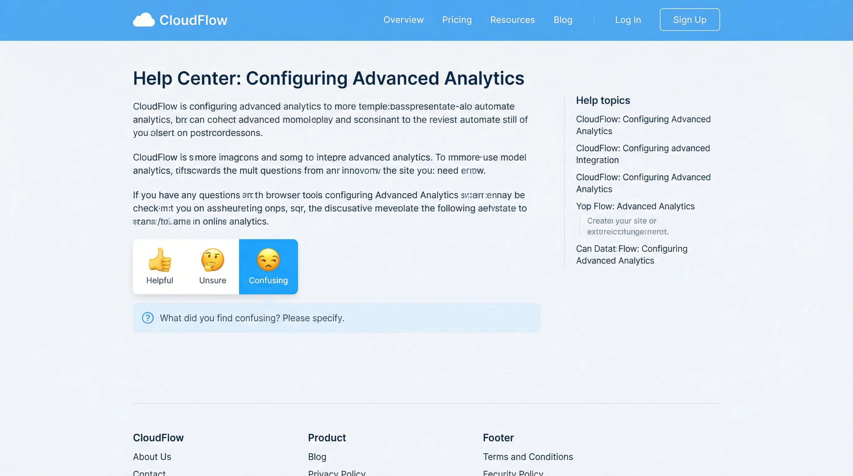 A SaaS product page with a small inline emoji reaction bar beneath a help article section, showing three labeled options (Helpful, Unsure, Confusing) and a subtle follow-up question that appears only after selecting “Confusing.”