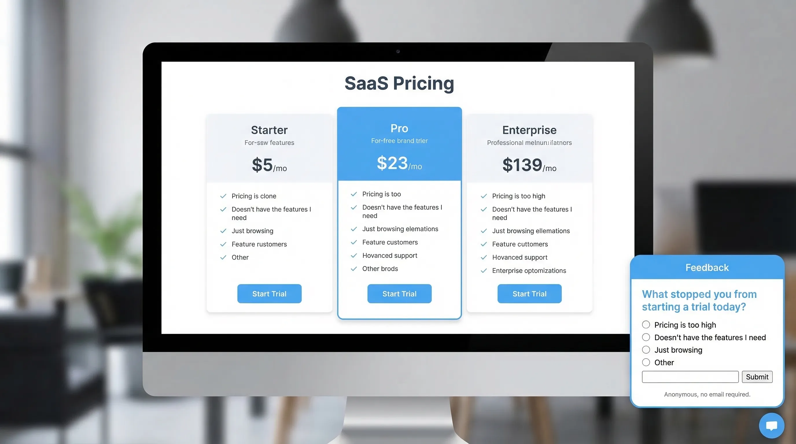 A SaaS pricing page with a small, unobtrusive feedback widget in the bottom-right corner. The widget opens an anonymous feedback form asking “What stopped you from starting a trial today?” with a short multiple-choice list and a small line of trust text reading “Anonymous, no email required.”
