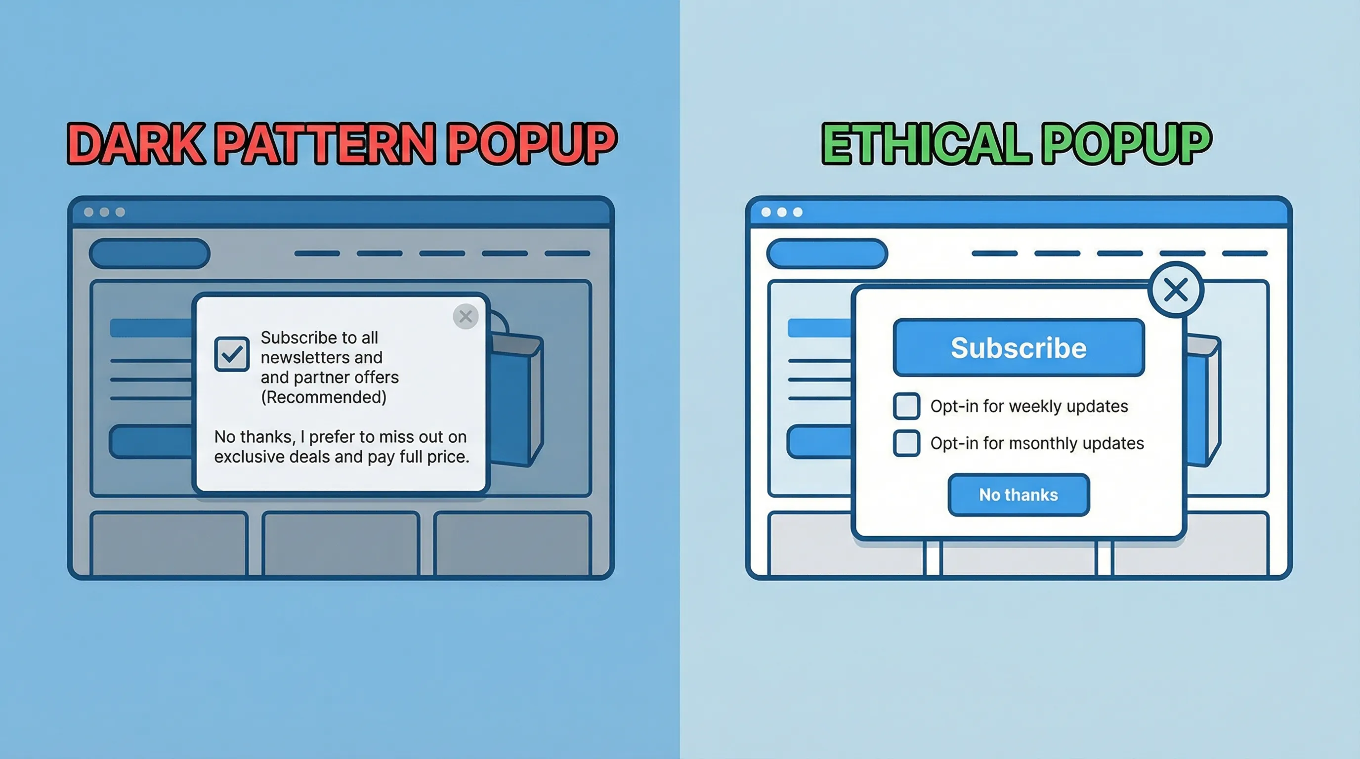 A split-screen illustration showing “dark pattern popup” vs “ethical popup”: left side has a tiny hidden close icon, pre-checked consent, and guilt copy; right side has clear close button, simple copy, and transparent opt-in.