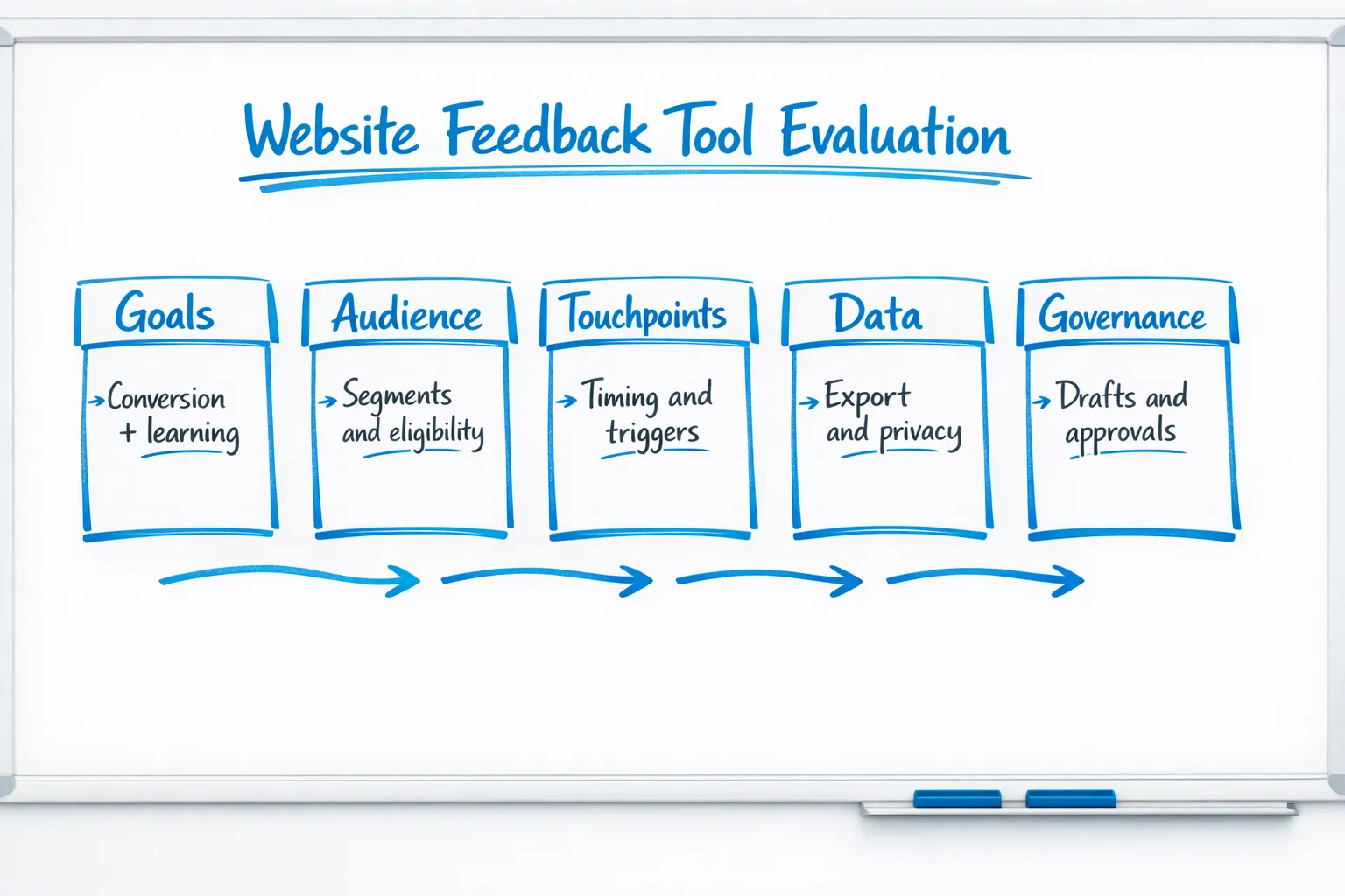 A simple whiteboard diagram showing a five-part evaluation framework for choosing a website feedback tool: Goals, Audience, Touchpoints, Data, Governance. Each pillar has a short note such as “Goals: conversion + learning,” “Audience: segments and eligibility,” “Touchpoints: timing and triggers,” “Data: export and privacy,” “Governance: drafts and approvals.”