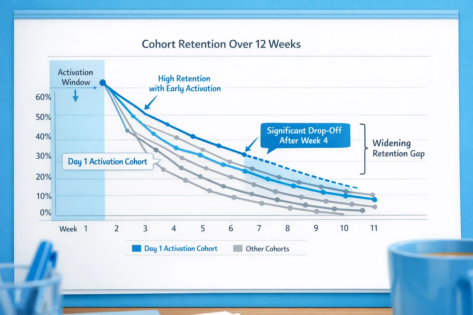 A simple product analytics plot showing cohort retention curves over 12 weeks, with one cohort that reached its activation milestone in day 1 retaining noticeably higher than cohorts that did not. The chart is annotated to highlight the activation window and the widening retention gap after week 4.
