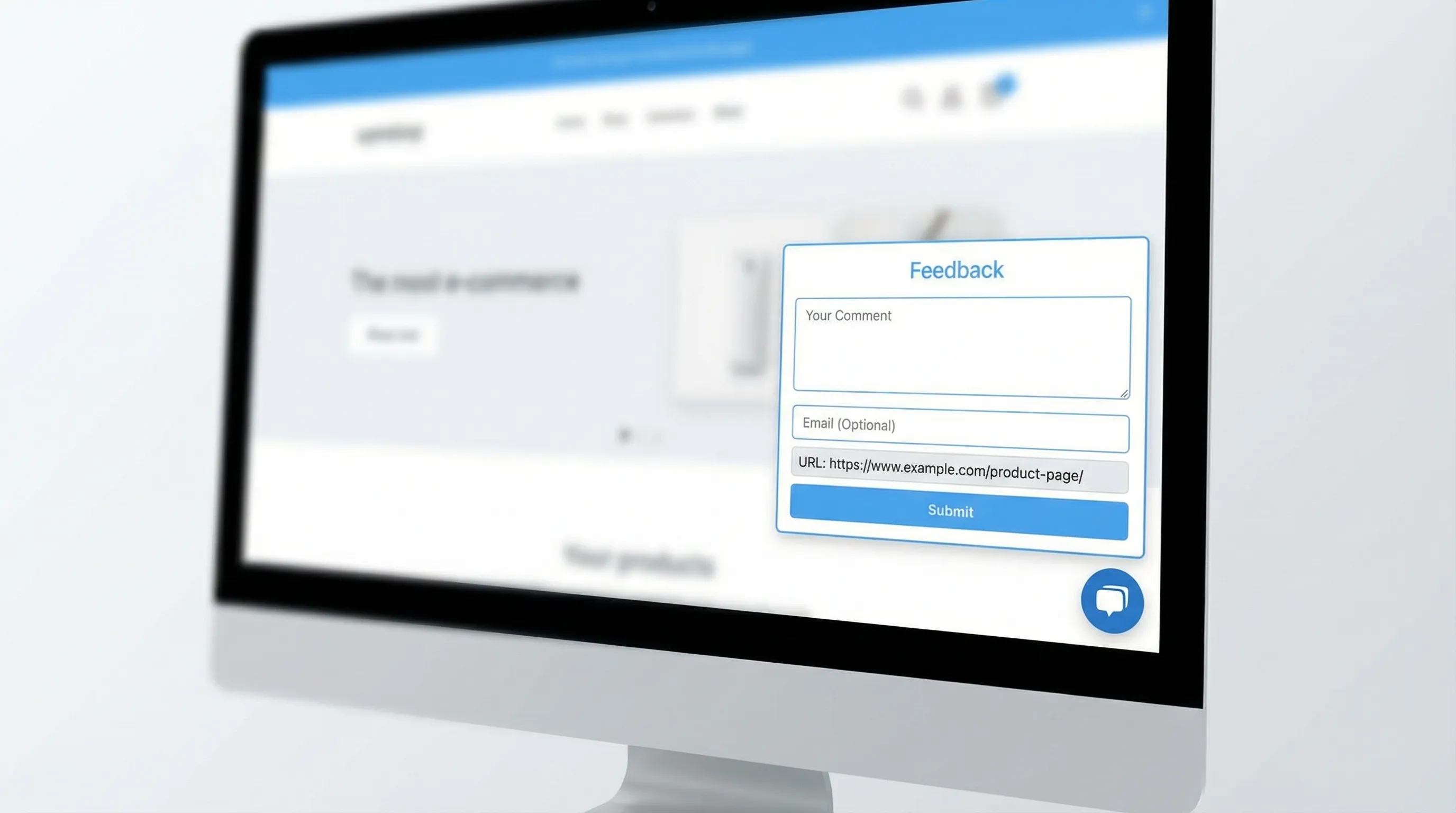 A website UI showing a small floating feedback button opening a compact in-page form that captures a short comment and optional email, with the current page URL displayed as context.