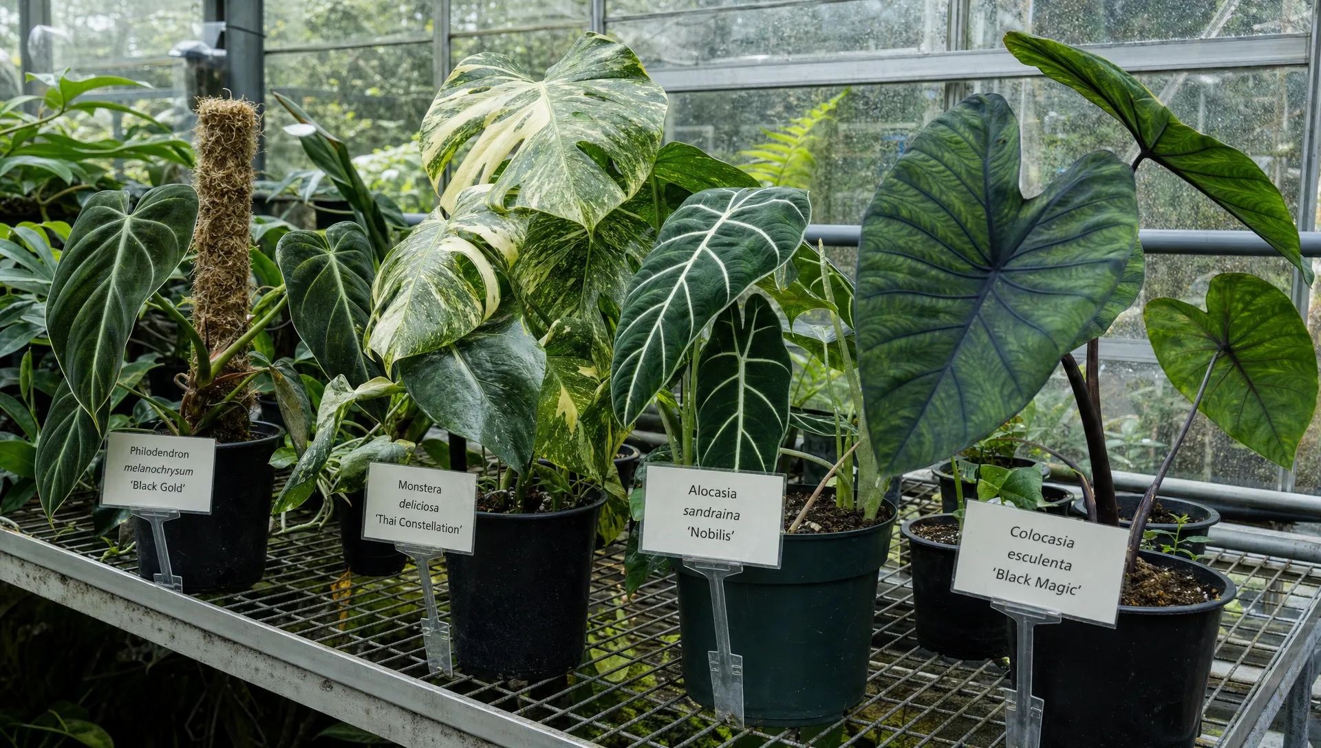 Rare tropical foliage plants growing on a greenhouse bench with identification labels