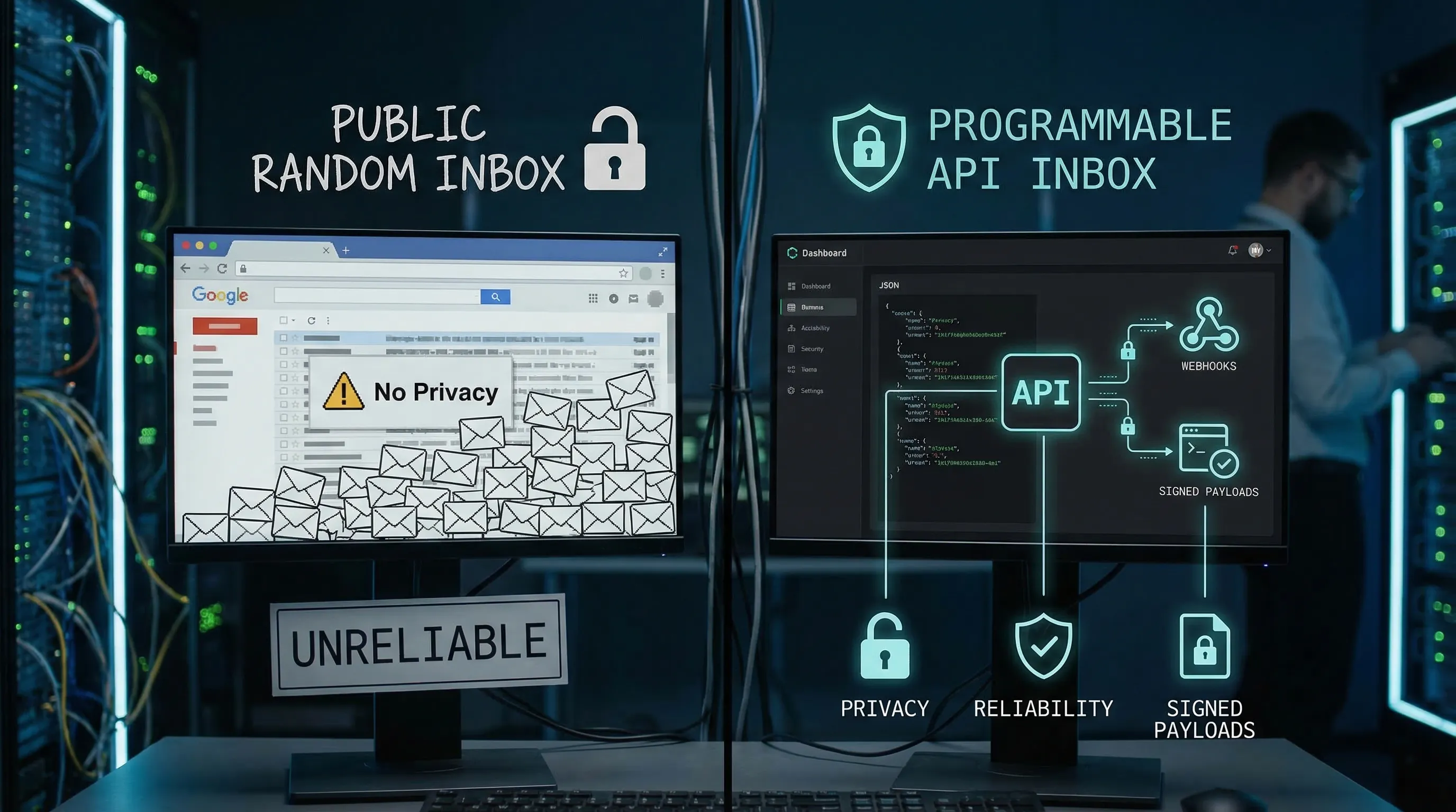 A security-focused comparison scene showing a “public random inbox website” concept on the left and a “programmable API inbox with webhooks and JSON output” concept on the right, with icons for privacy, reliability, and signed payloads.