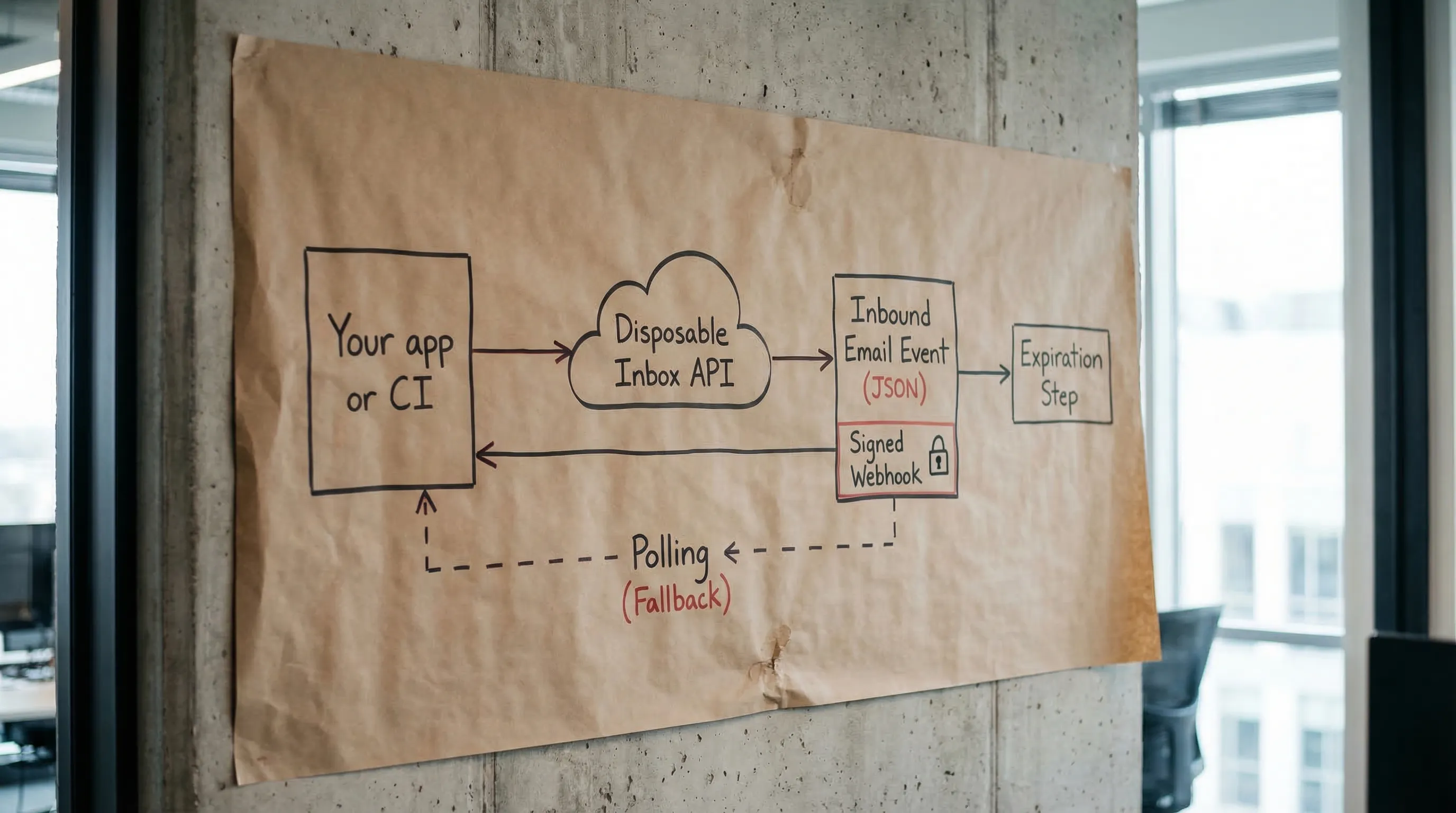 A simple architecture diagram showing “Your app or CI” provisioning a disposable inbox via API, then receiving an inbound email event as JSON via a signed webhook, with polling as a fallback and an expiration step at the end.