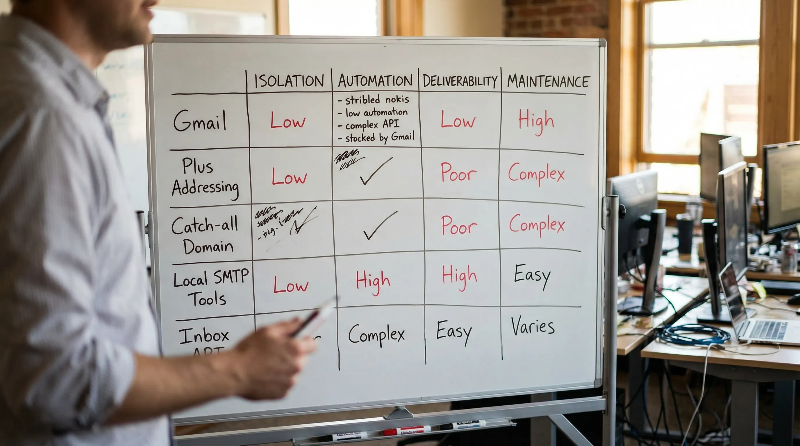 ईमेल टेस्टिंग इनबॉक्स विकल्पों के लिए एक सरल निर्णय मैट्रिक्स जिसमें आइसोलेशन, ऑटोमेशन, डिलीवरेबिलिटी, और रखरखाव के कॉलम हैं, Gmail, प्लस एड्रेसिंग, कैच-ऑल डोमेन, लोकल SMTP टूल्स, और इनबॉक्स API की तुलना करते हुए।