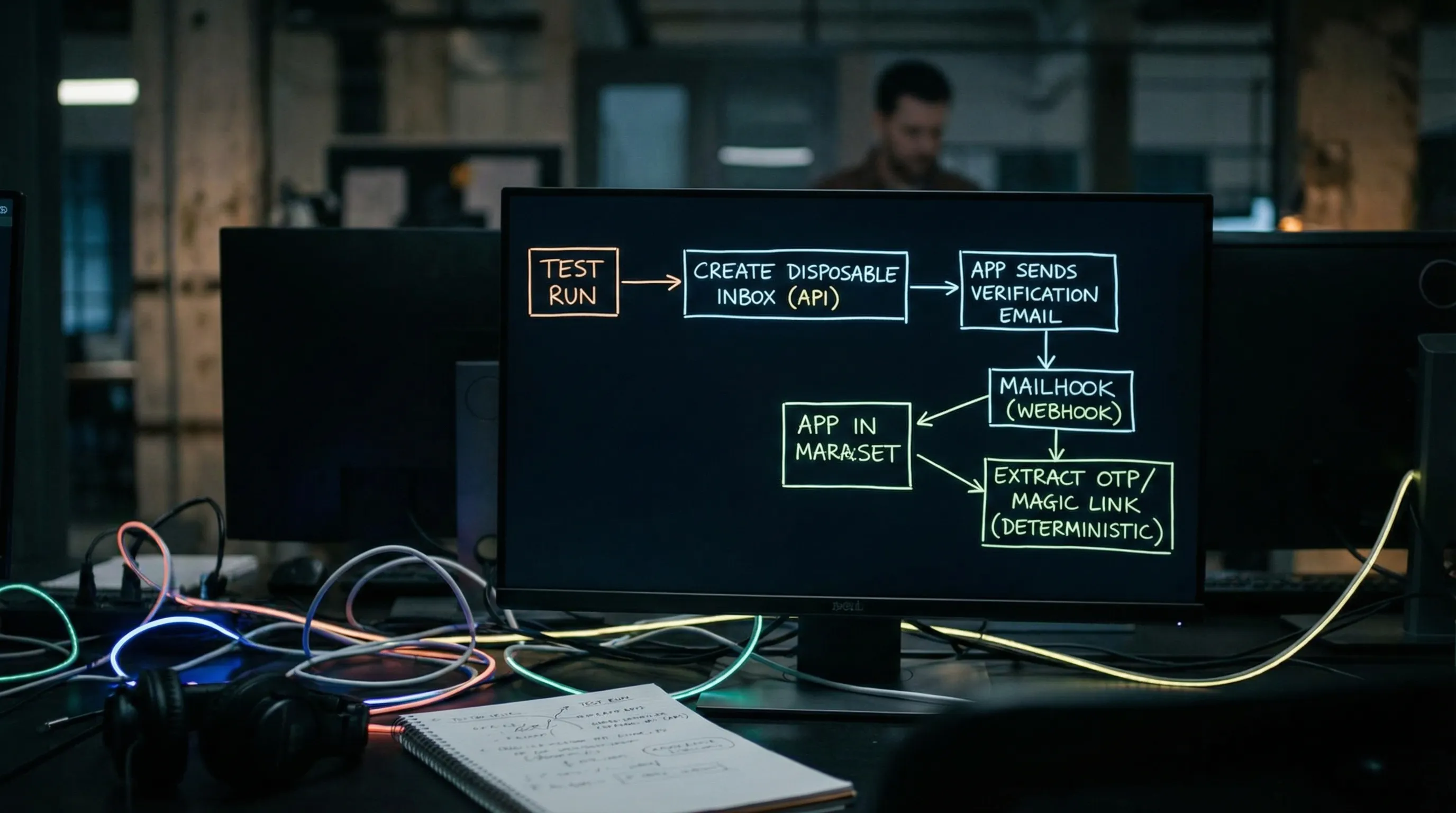 एक वर्कफ़्लो डायग्राम दिखा रहा है कि एक टेस्ट रन API के माध्यम से डिस्पोज़ेबल इनबॉक्स बनाता है, ऐप वेरिफिकेशन ईमेल भेजता है, Mailhook webhook के माध्यम से ईमेल JSON पेलोड डिलीवर करता है, और टेस्ट निर्धारित रूप से OTP या मैजिक लिंक निकालता है।