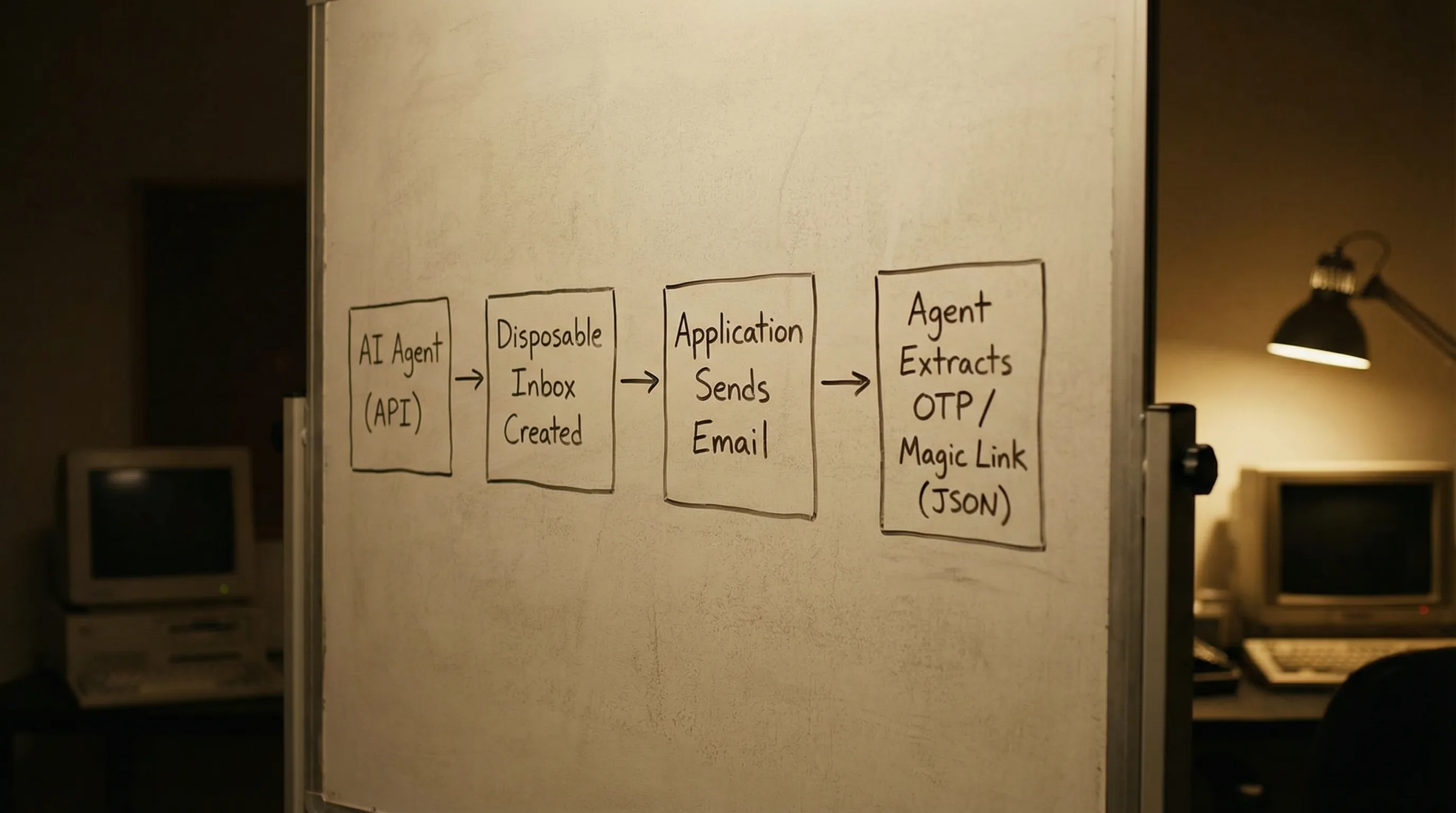 Simple flow diagram showing an AI agent creating a disposable inbox via an API, an application sending an email to that address, Mailhook delivering the email as structured JSON via a signed webhook, and the agent extracting an OTP or magic link. The diagram has four labeled boxes connected left to right.