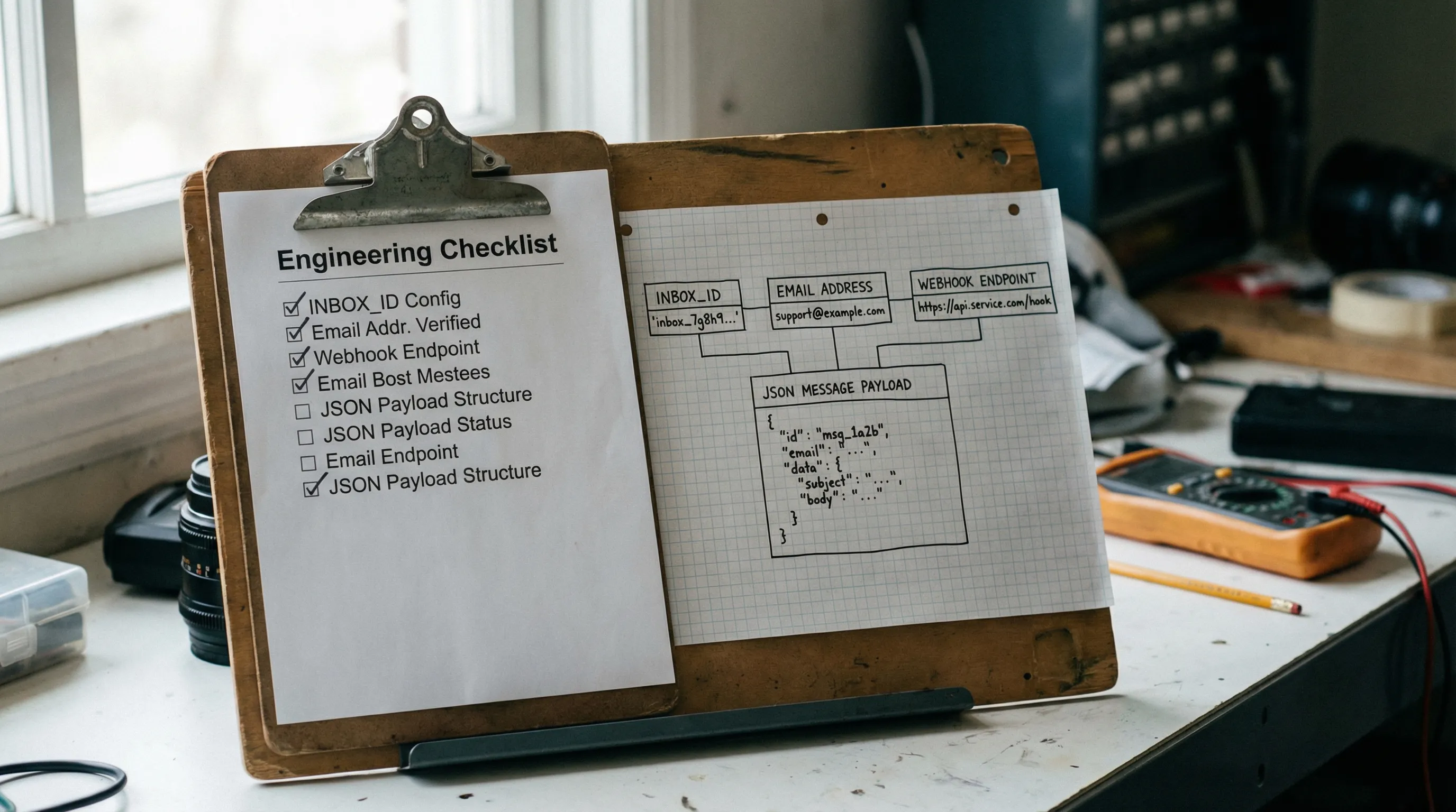 An engineering checklist on a clipboard next to a simple schematic showing an inbox_id, an email address, a webhook endpoint, and a JSON message payload. The scene is minimalist and focused on the concepts rather than any brand UI.