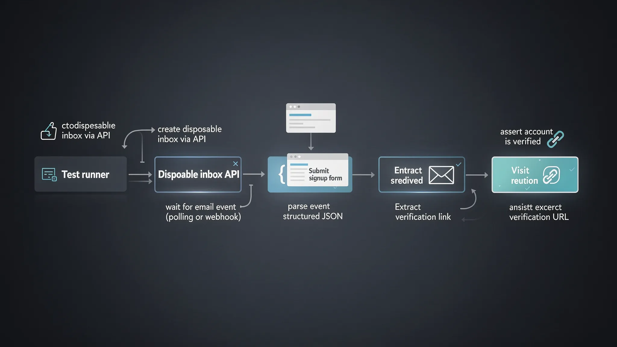 一个简单的流程图显示:测试运行器通过API创建一次性邮箱,使用生成的邮件地址提交注册表单,然后等待邮件事件(轮询或webhook),解析结构化JSON以提取验证链接,访问链接,并断言帐户已验证。