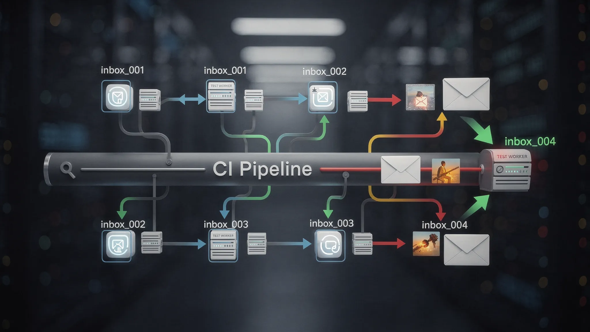 CI管道图显示多个并行测试工作者,每个都创建自己的一次性邮箱ID,带有指向单独邮箱和单独验证邮件的箭头,强调隔离和无共享邮箱冲突。