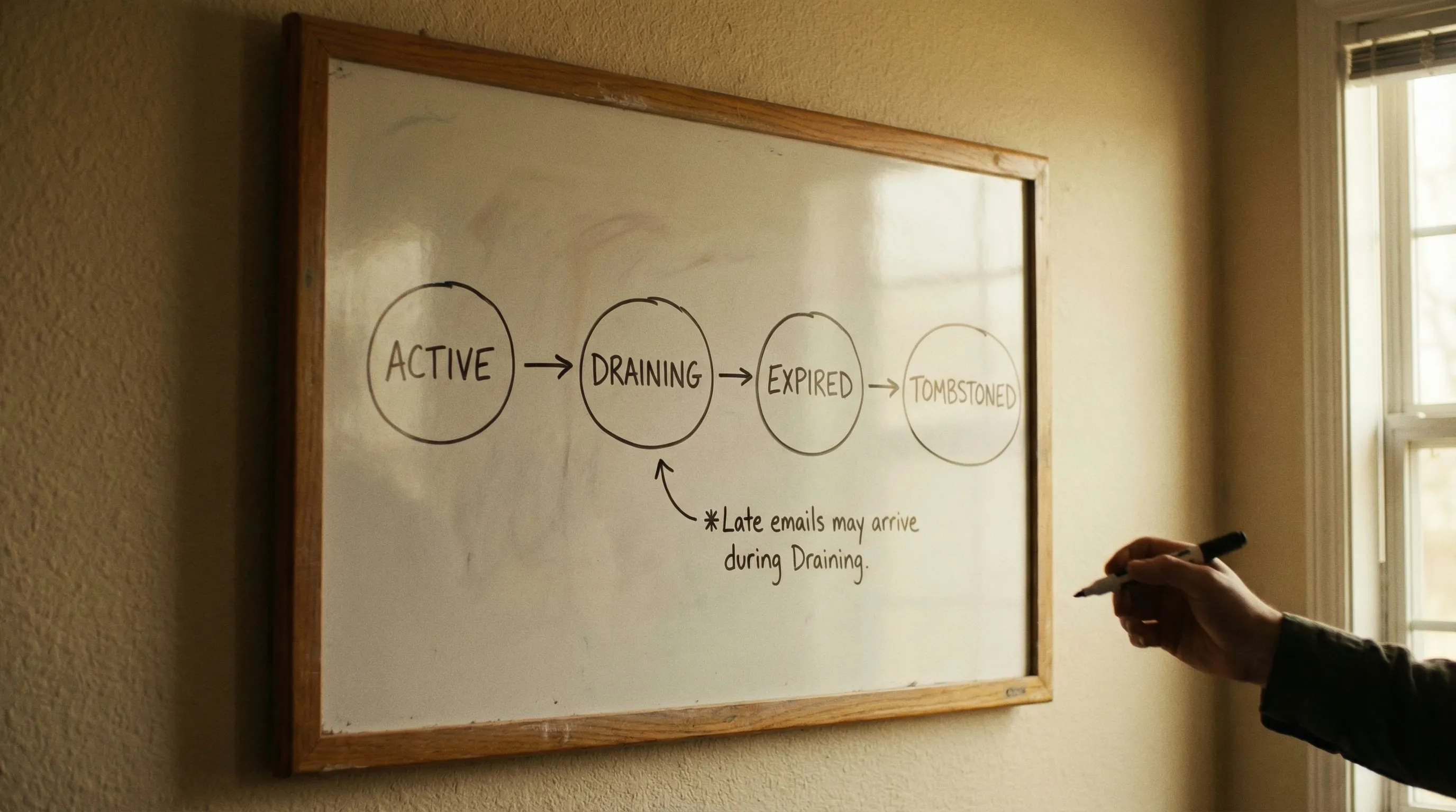A simple four-state lifecycle diagram for a temp inbox: Active leads to Draining, then Expired, then Tombstoned, with a small side note that late emails may arrive during Draining.