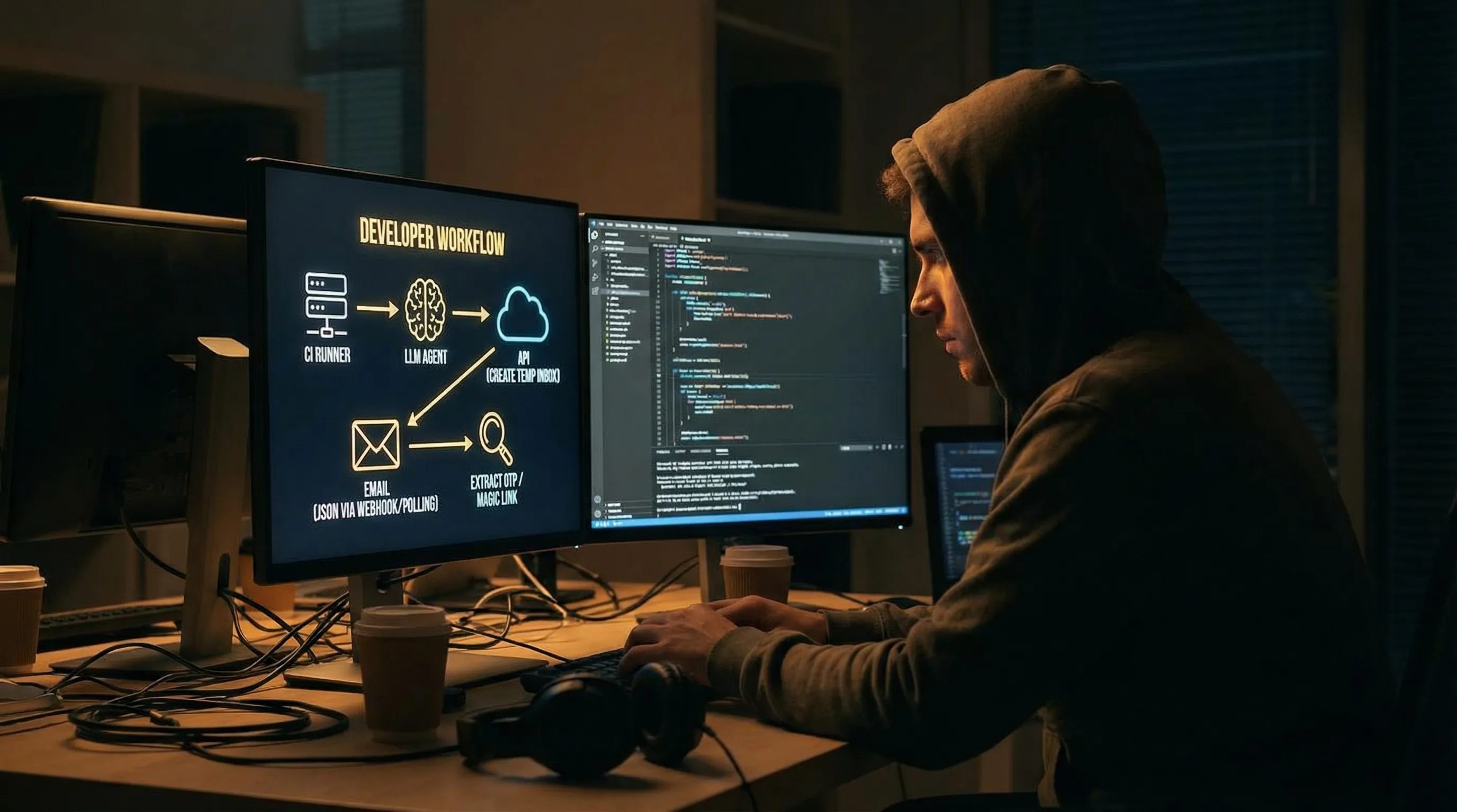A developer-focused workflow illustration: a CI runner and an LLM agent both call an API to create a temp inbox, then receive an email as JSON via webhook or polling, then extract an OTP or magic link.