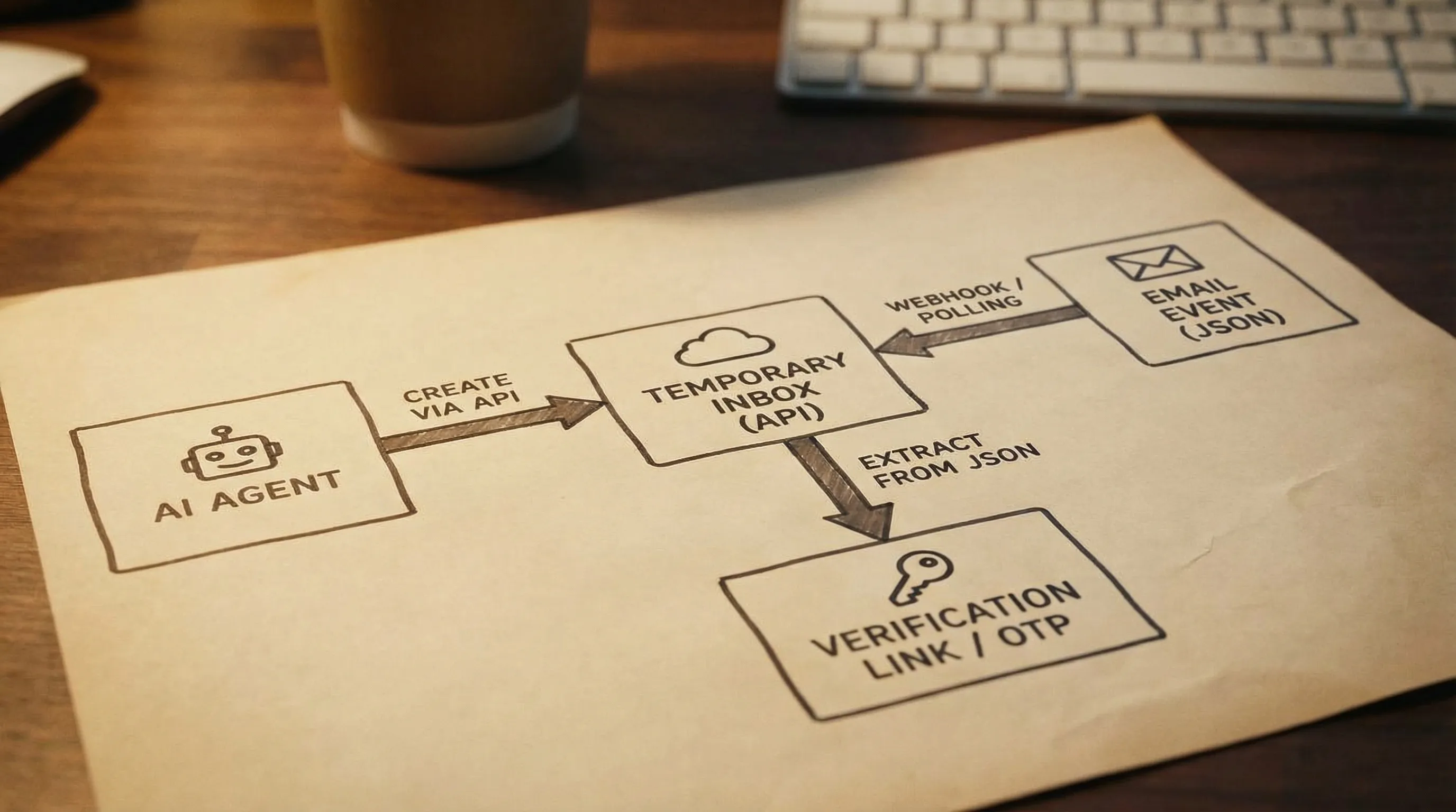 Un diagramme simple montrant un agent IA créant une boîte de réception temporaire via une API, puis recevant un événement email comme JSON via webhook ou polling, et finalement extrayant un lien de vérification ou OTP du payload JSON.