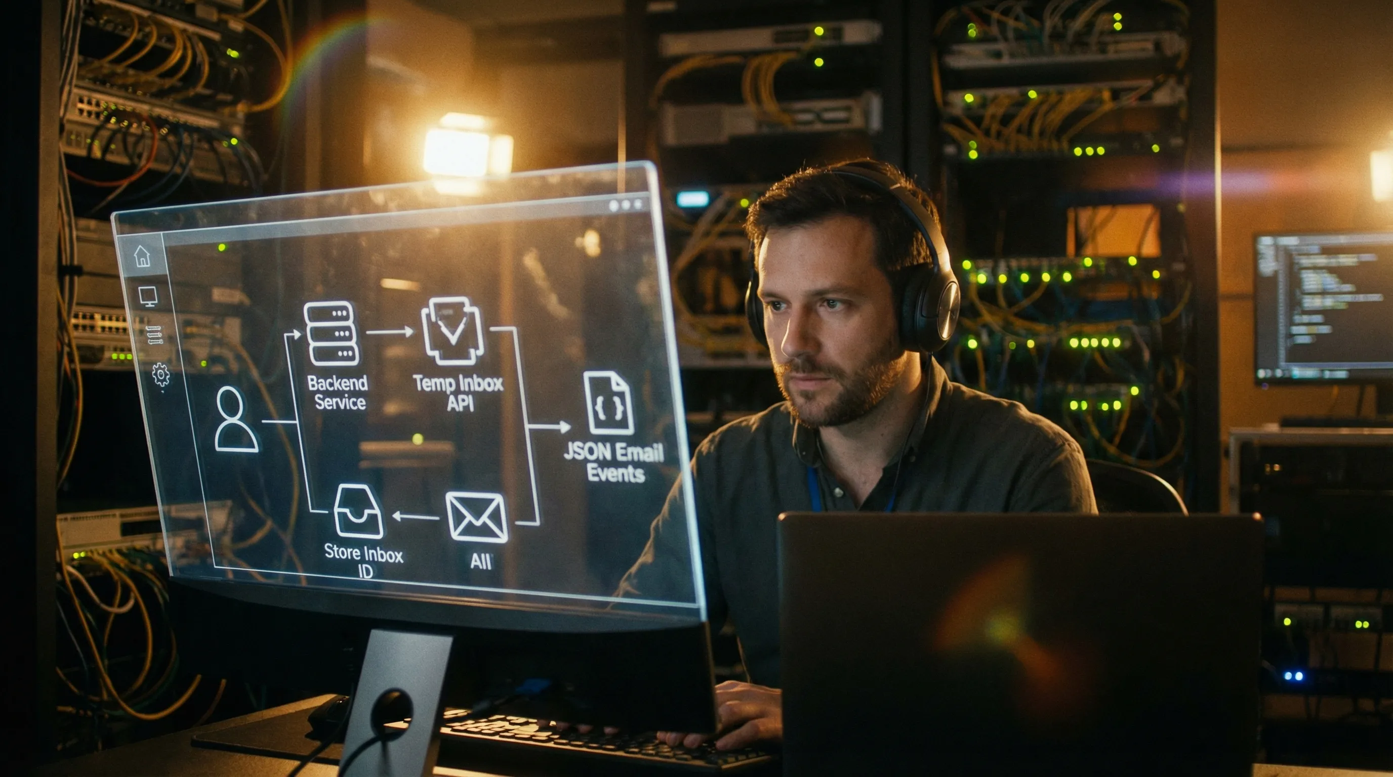 Une illustration axée développeur d’un service backend appelant une API de boîte temporaire pour créer une adresse email, puis stockant l’ID de boîte et recevant des événements email JSON de manière sécurisée pour des flux de vérification automatisés.