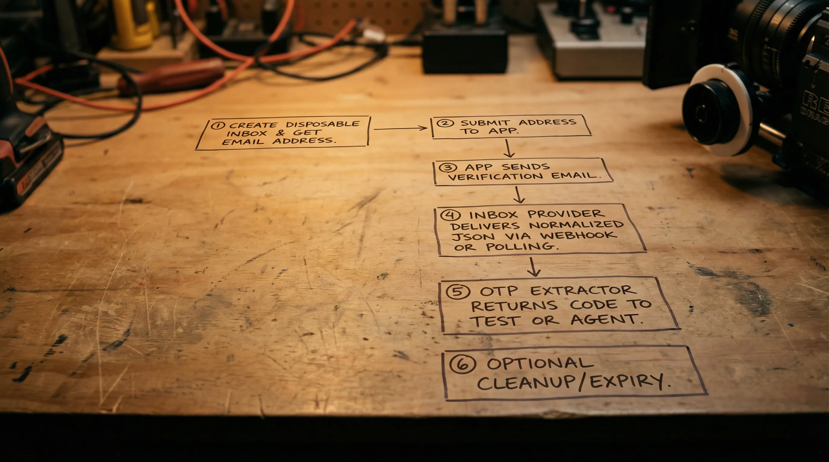 A simple workflow diagram showing: (1) create disposable inbox and get email address, (2) submit address to app, (3) app sends verification email, (4) inbox provider delivers normalized JSON via webhook or polling, (5) OTP extractor returns code to test or agent, (6) optional cleanup/expiry.