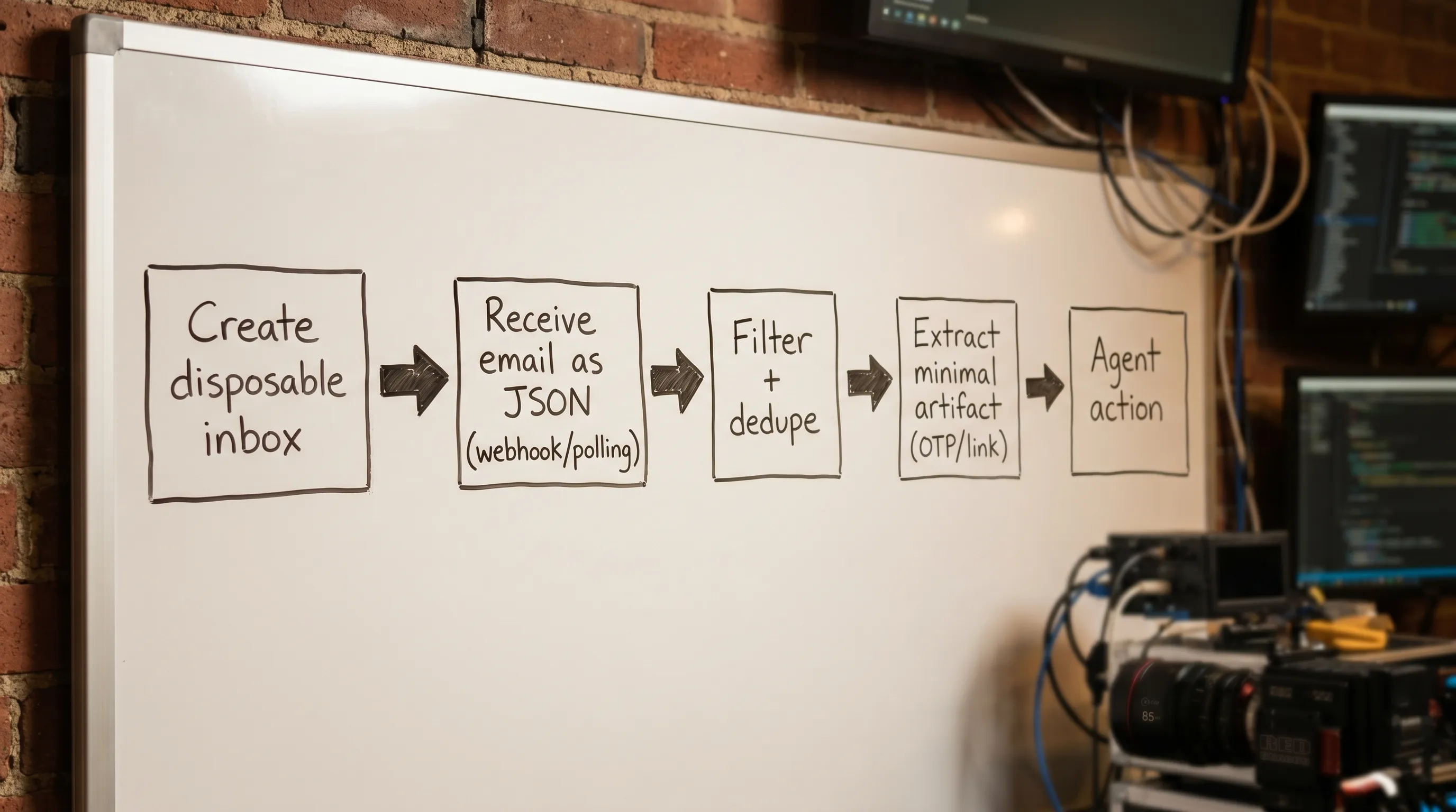 A simple pipeline diagram showing: “Create disposable inbox” flowing to “Receive email as JSON (webhook/polling)” then to “Filter + dedupe” then to “Extract minimal artifact (OTP/link)” then to “Agent action”. Each step is a labeled box with arrows.